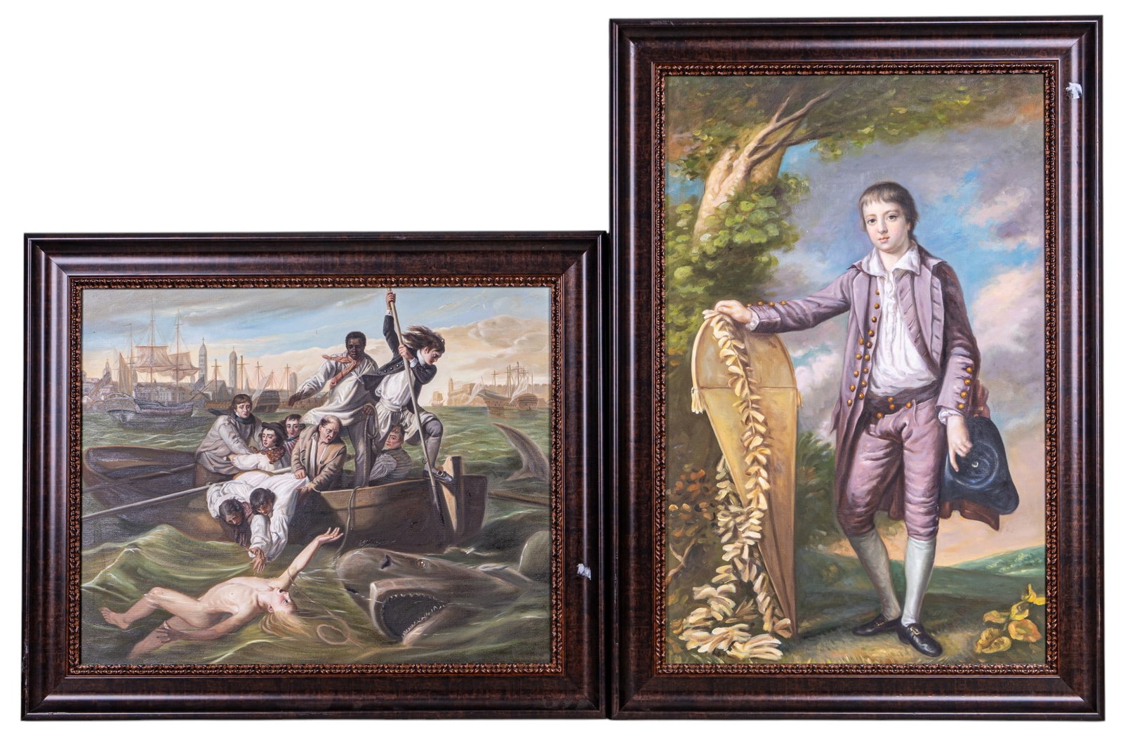 Cotes and Copley Oil on Canvas Reproductions: A framed oil on canvas reproduction of 'Portrait of Master SMith' by Francis Cotes, measures approx. 43.5" H x 30.5" W. Also included is an oil on canvas painting reproduction of 'Watson and the Shark