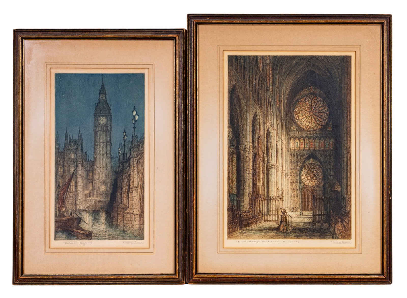 Early Color Litho Etchings, Brewer (1881-1946): A collection of two early color lithographic etchings pencil signed in the lower right corners James Alphege Brewer (English 1881-1946) including 'The Rose Window- Rheims Cathedral in France', approx.