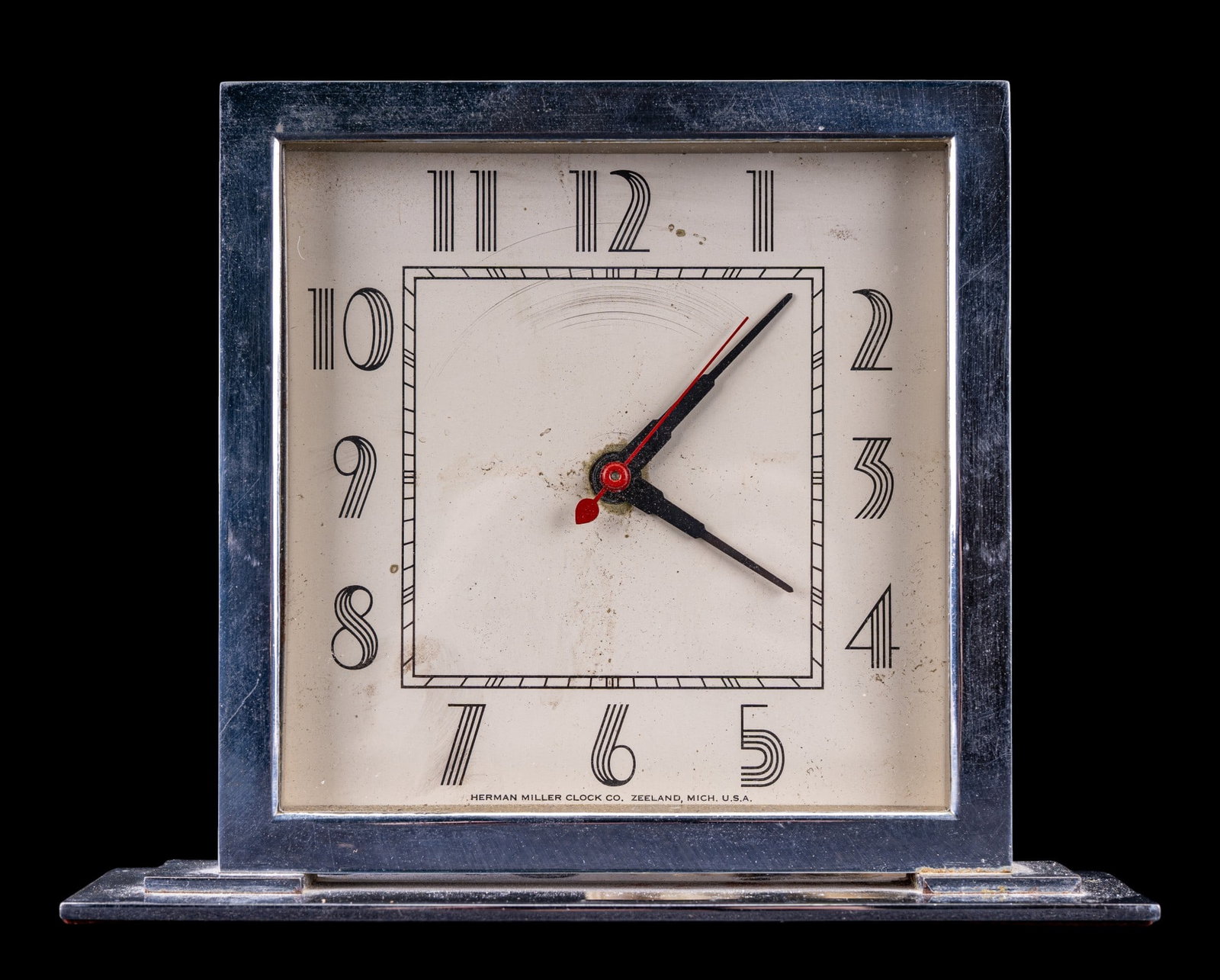 Herman Miller Gilbert Rohde Desk Alarm Clock: Vintage Herman Miller Gilbert Rohde desk alarm clock. Circa 1930's. Untested. Reverse features instructions along with model and patent numbers. Measures approx. 8" W x 6.5" H x 2" D.