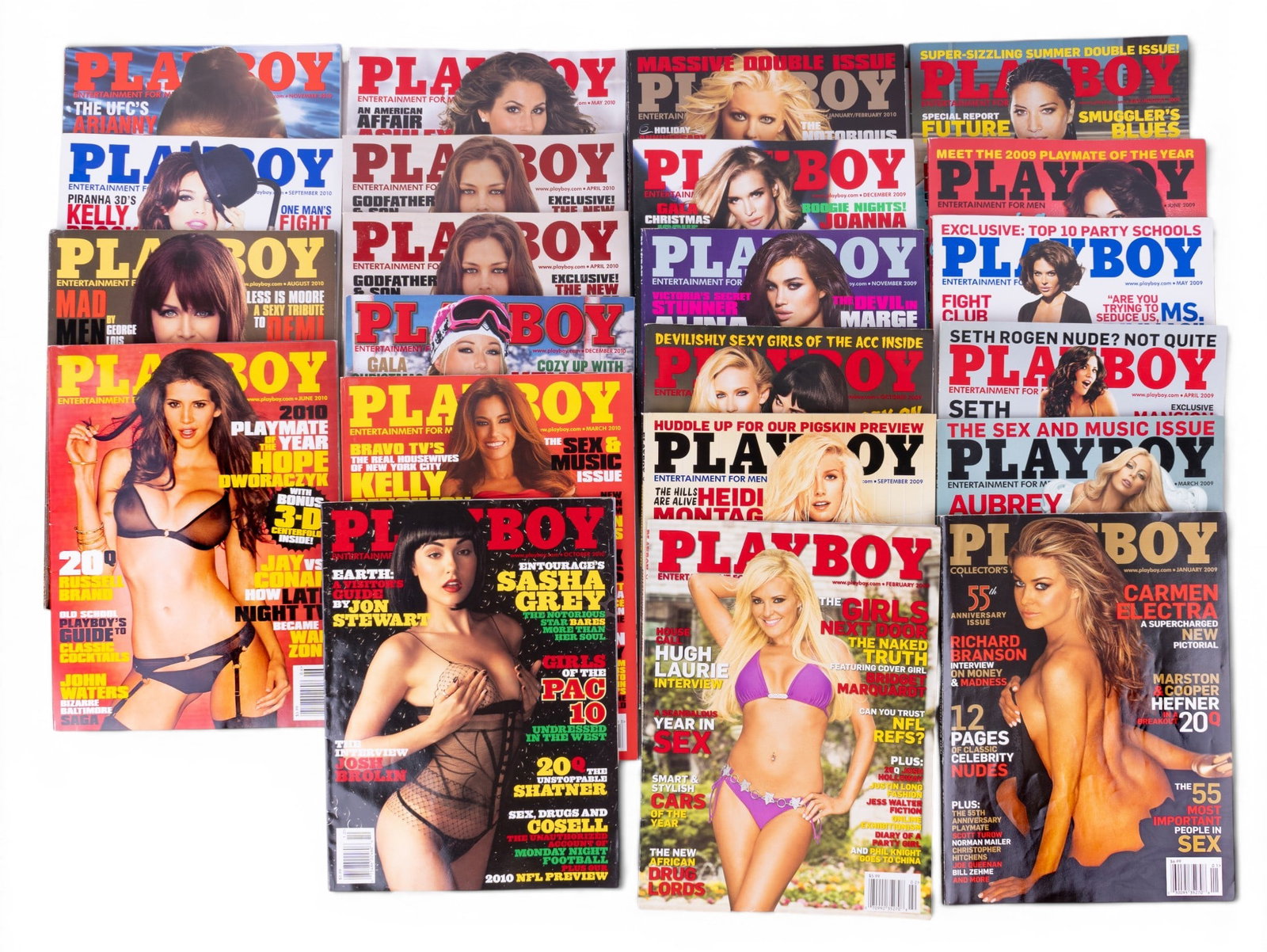 2009-10 Playboy Magazine Grouping: Collection of approx. 22 Playboy magazines from 2009 and 2010. Includes an almost complete 2009 run with January through December, including the combined July/August issue, and an almost complete