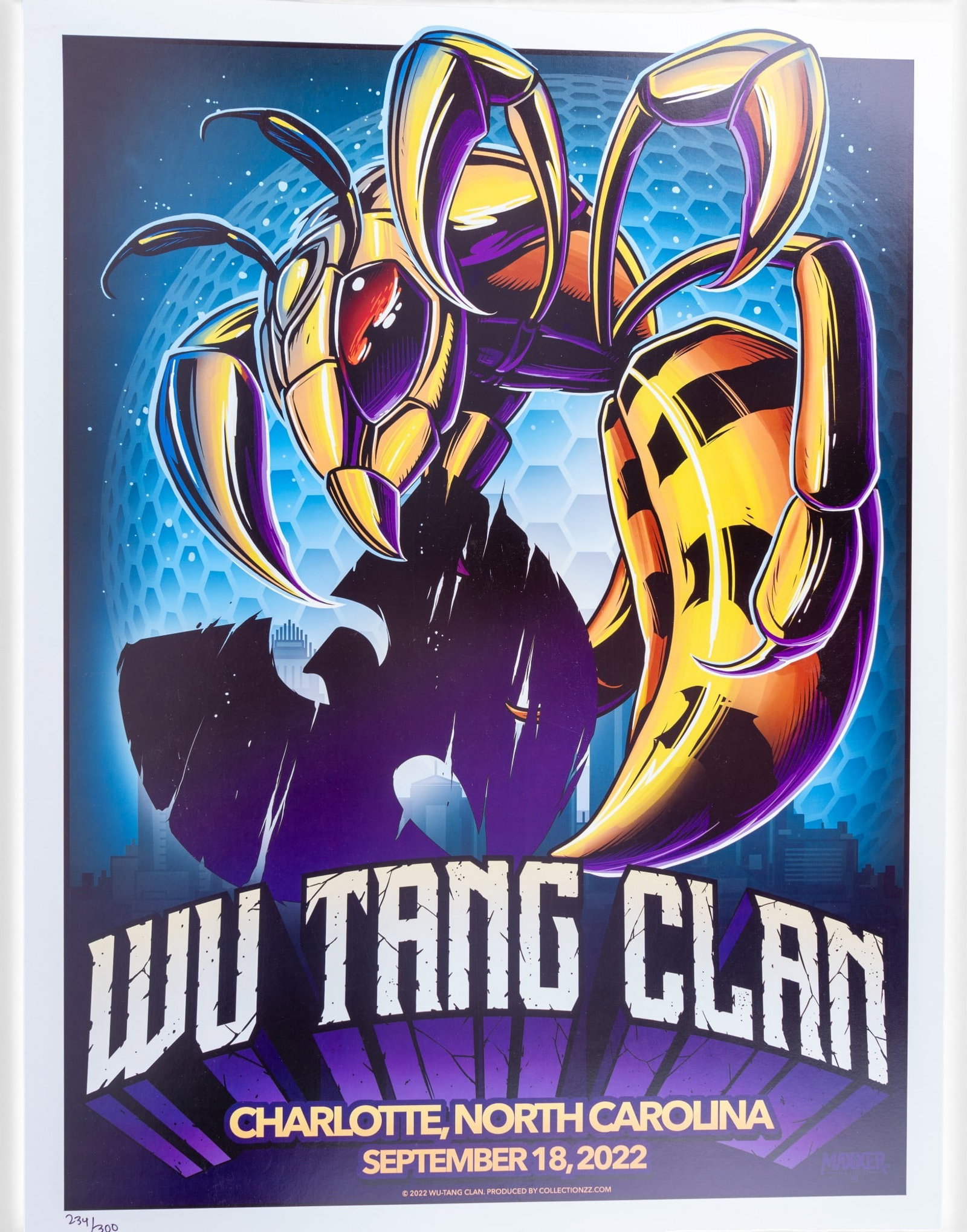 Limited Edition Wu-Tang Clan Concert Poster: Limited Edition Wu-Tang Clan concert poster for the September 18, 2020 performance in Charlotte, North Carolina. Hand-numbered 234/300 to lower left. Unframed, measures approx. 24" H x 18" W.