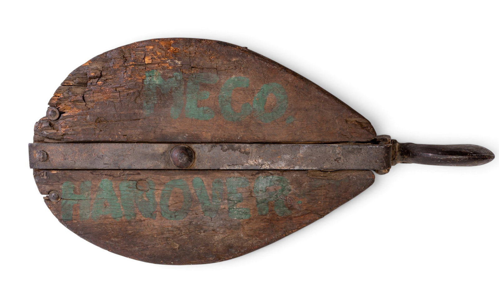 Early Industrial Snatch Block Pulley: Large at 23" L. an early industrial snatch block pulley featuring a substantial wooden case with iron straps, rivets, and hook. 'MECO HANOVER' painted in green on the side. Note wear due to age,