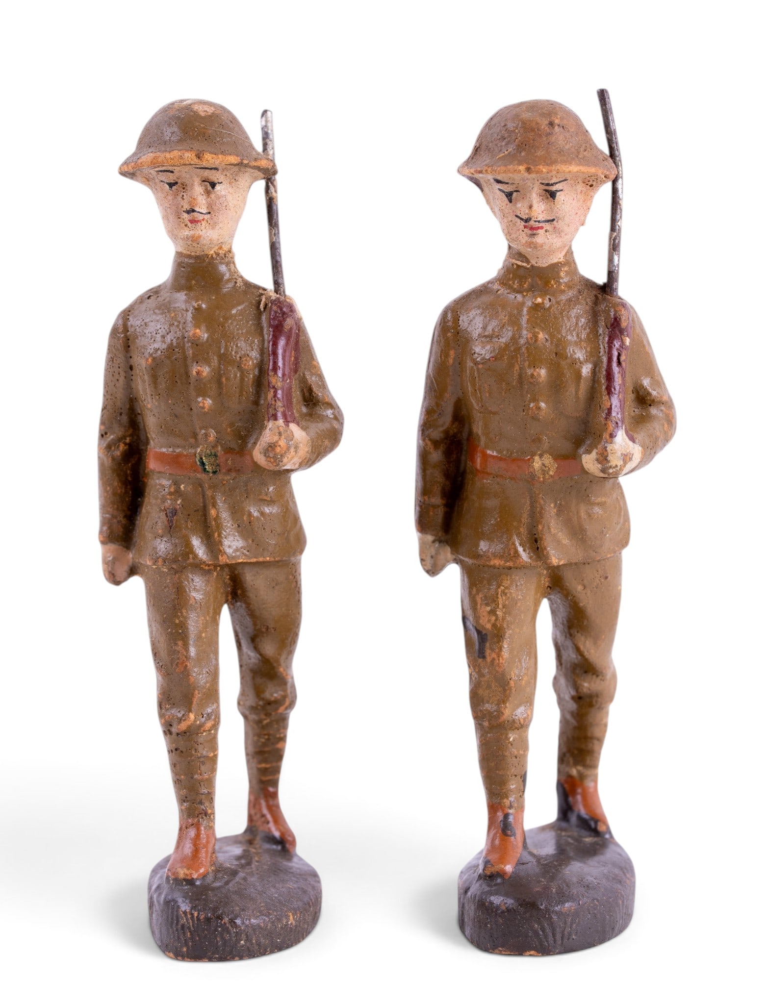 Elastolin WW1 Era Soldier Toy Figurines: Two antique Elastolin WW1 era British Doughboy toy figurines, note paint loss due to age, both measure approx. 4" H.