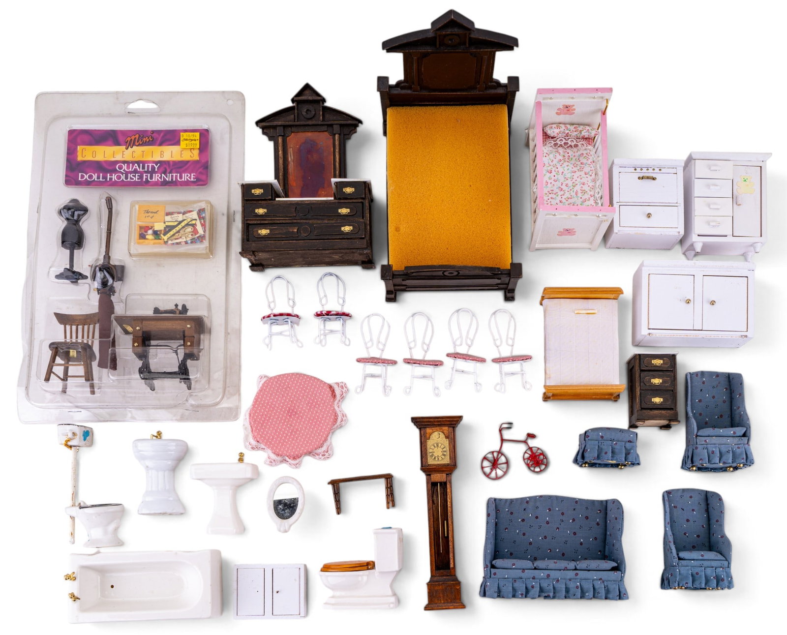 Dollhouse Furniture Sets: A collection of dollhouse furniture sets featuring a dark wood bedroom set, wire framed ice cream parlor style table and chairs, porcelain bathroom sets, a stove, a crib, tall case clock, living room 