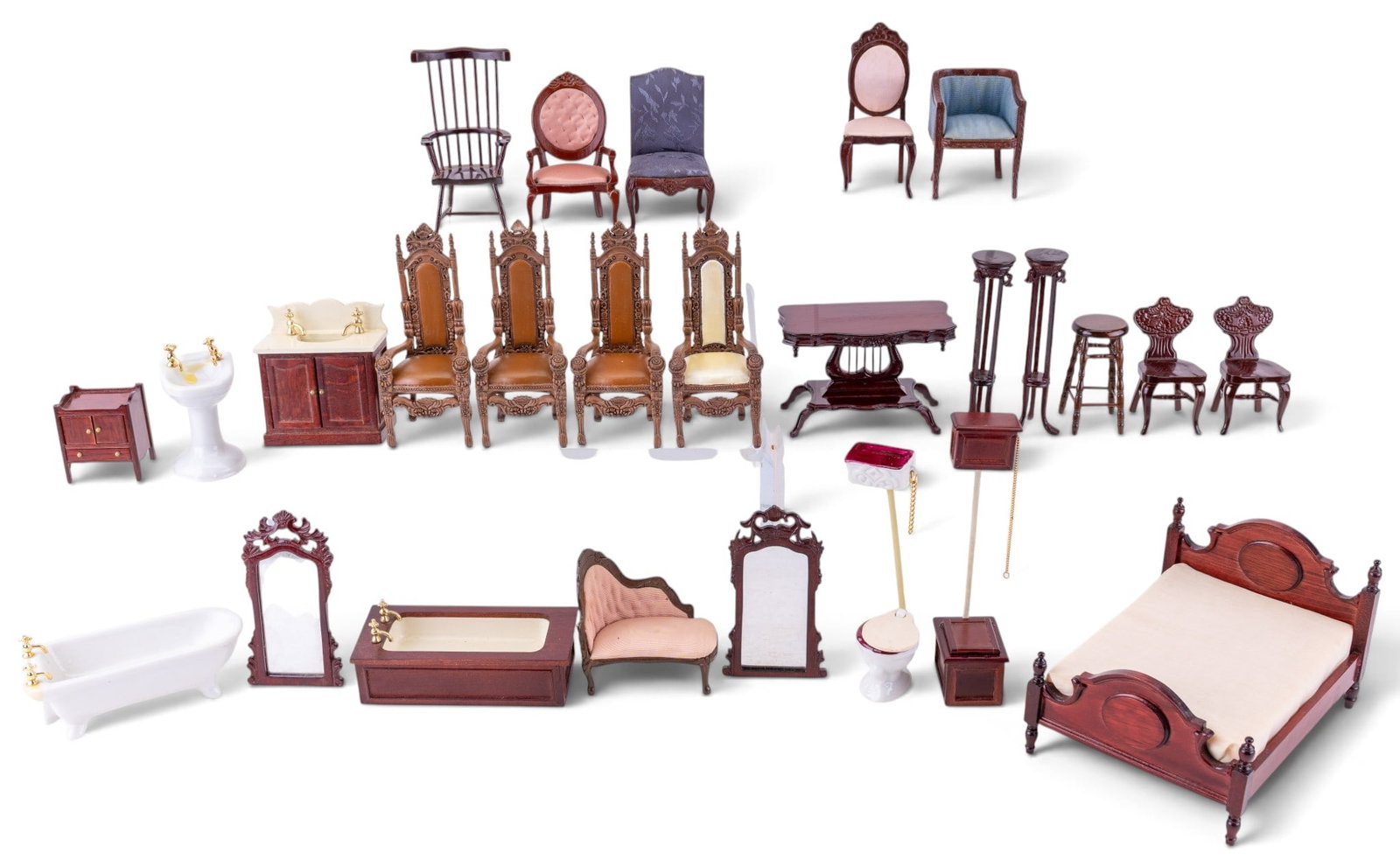 Vintage Dark Wood Dollhouse Furniture and More: A collection of vintage dollhouse furniture including molded composite throne chairs, dark wood parlor chairs, chaise, dining chairs, bed, tables, bathroom set and a porcelain bathroom set.