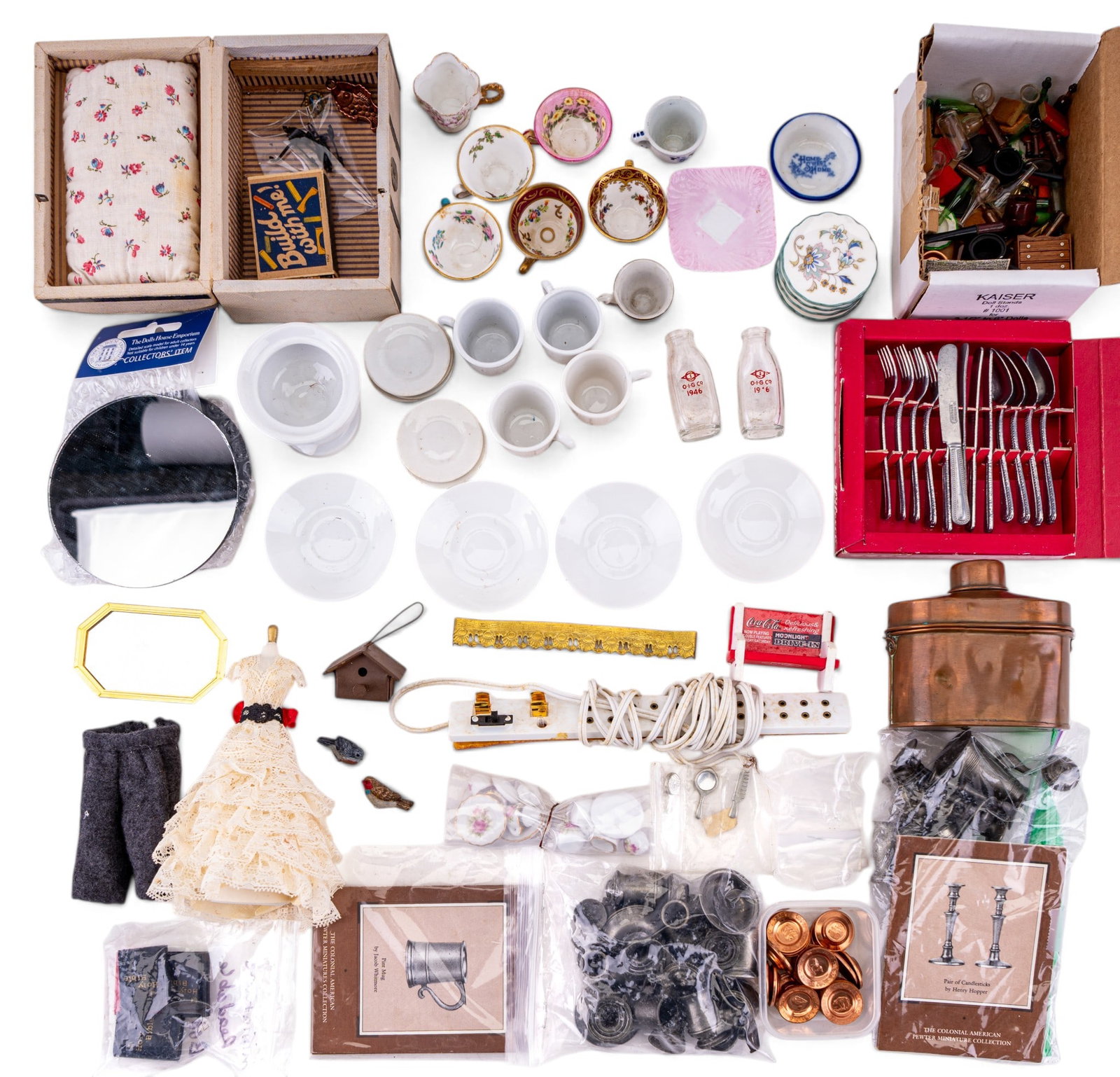 Miniature Dollhouse Dishes and More: An assortment of miniature dollhouse items including Noritake porcelain butter pats, hand painted porcelain teacups, miniature Franklin Mint Colonial American Pewter kitchenware, glass bottles, miniat