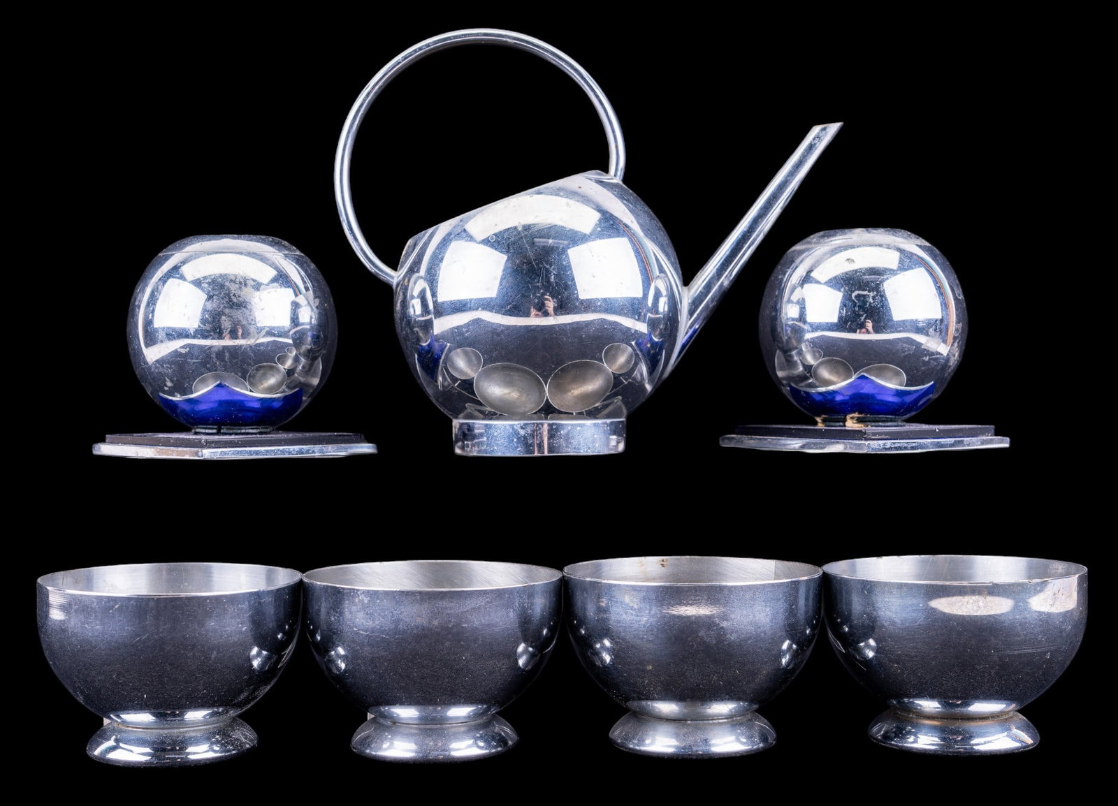 Chrome Chase USA 1930s Art Deco Syrup Pitcher, Set: Conversation piece mid-century modern chrome-plated spherical metal dispenser, along with a vintage set of two candle holders and four bowls (total of seven items). Each engraved with "Chase USA" make