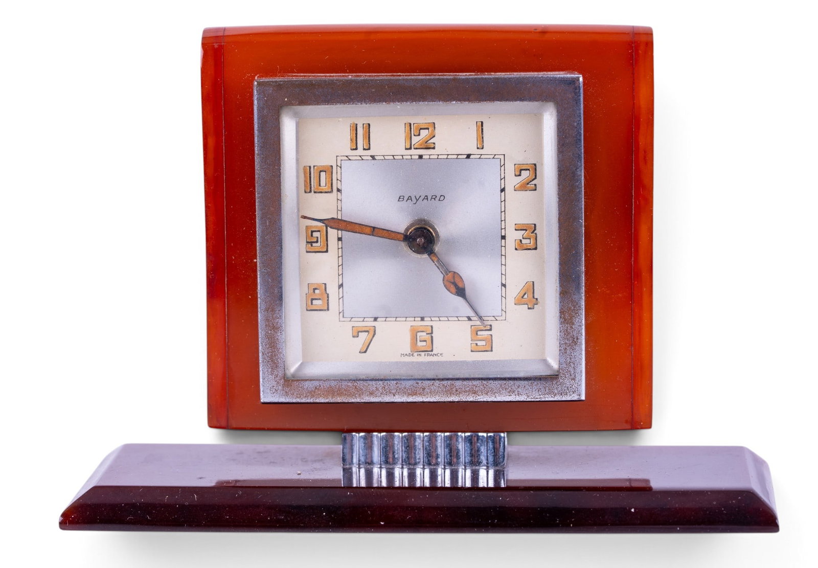 Bayard Small Art Deco Alarm Clock: Bayard French small-scale alarm clock constructed of tri-color catalin. Circa 1930's. Untested. Measures approx. 5.25" W x 4" H x 1.75" D.