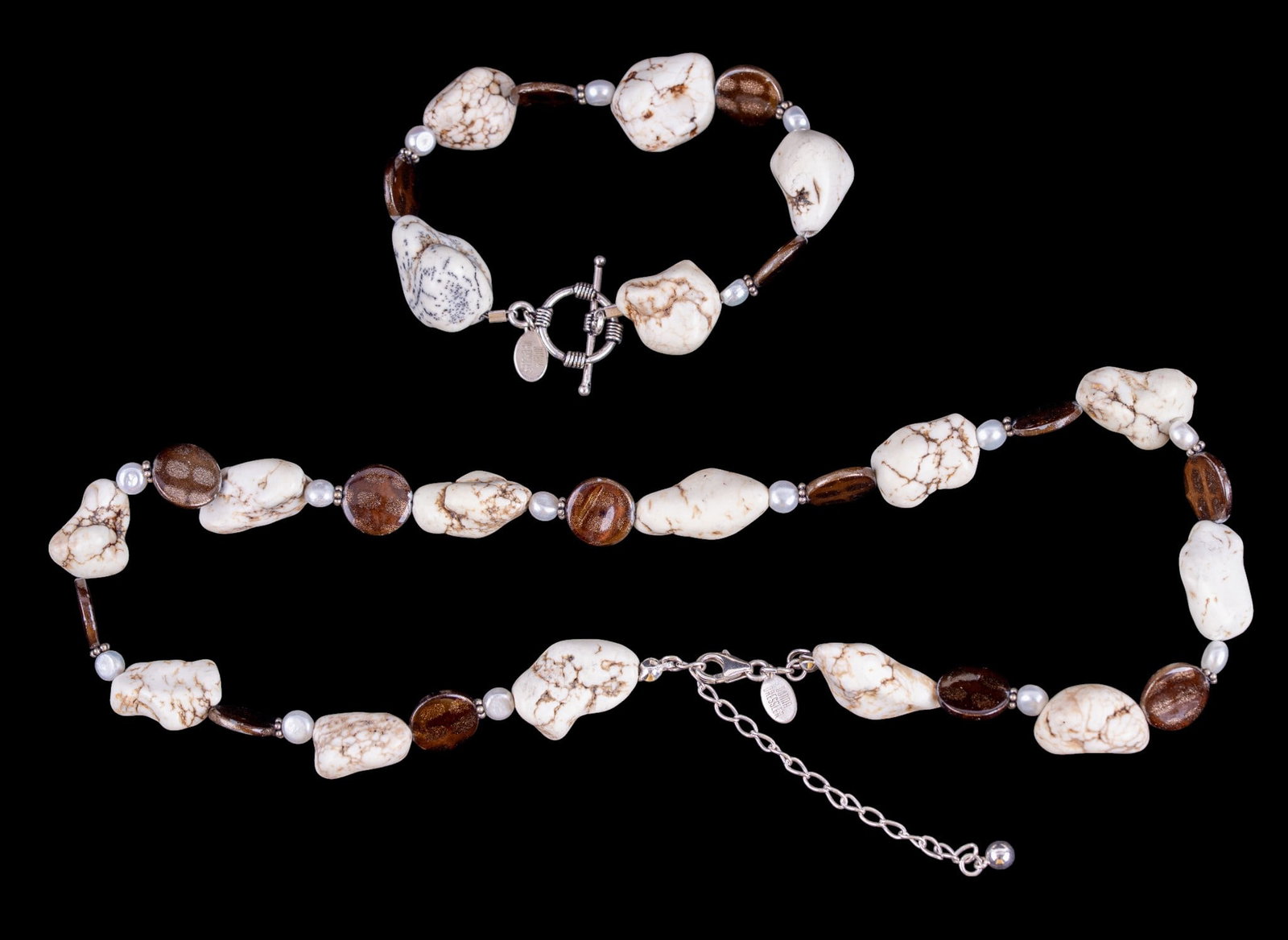 Donna Dressler White Turquoise Jewelry: Set of white turquoise, pearl and stone necklace and bracelet with .925 Sterling clasps/closures; signed Donna Dressler.
