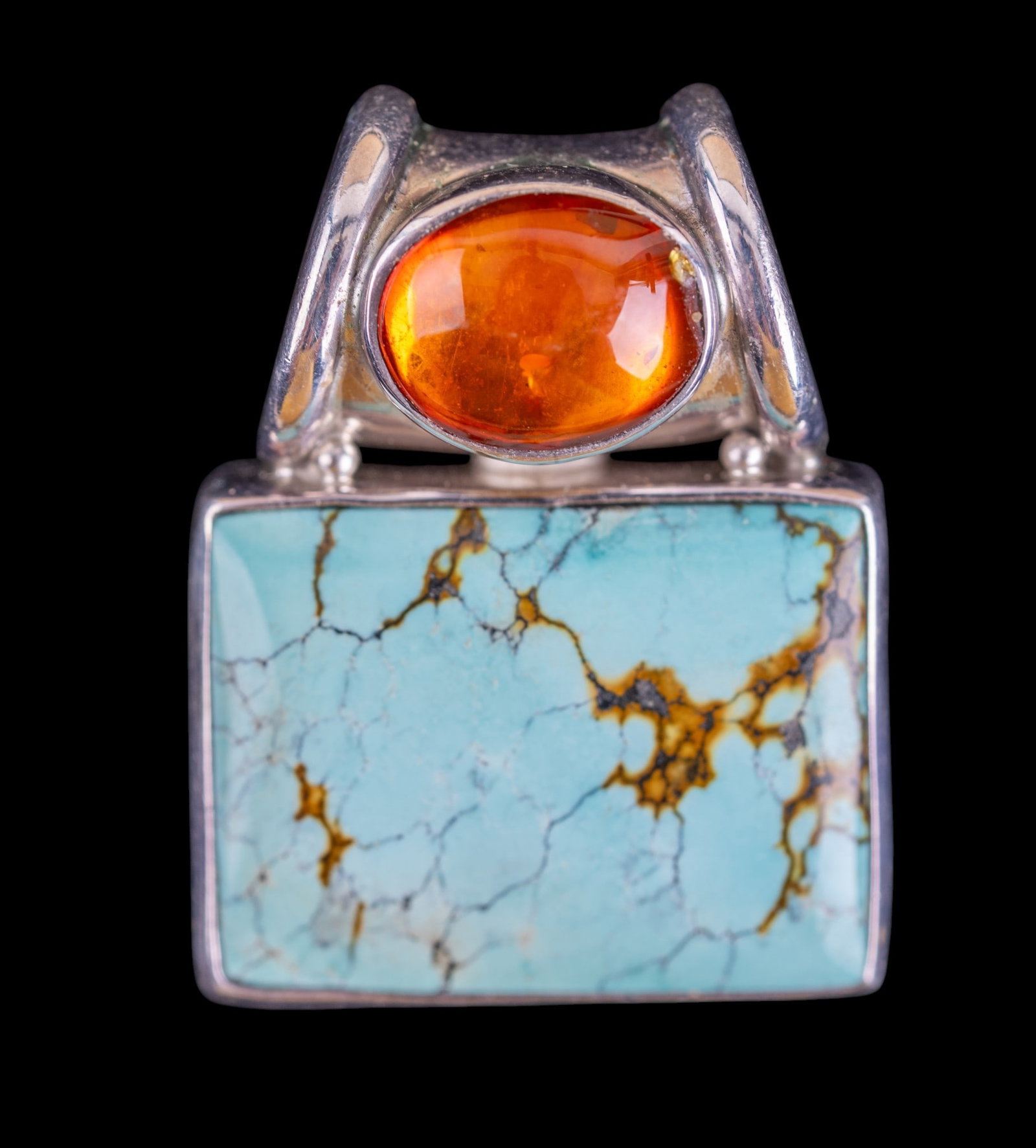 Sajen Sterling Turquoise Pendant: Vintage Sajen sterling silver pendant set with turquoise and amber cabachon; signed Sajen .925