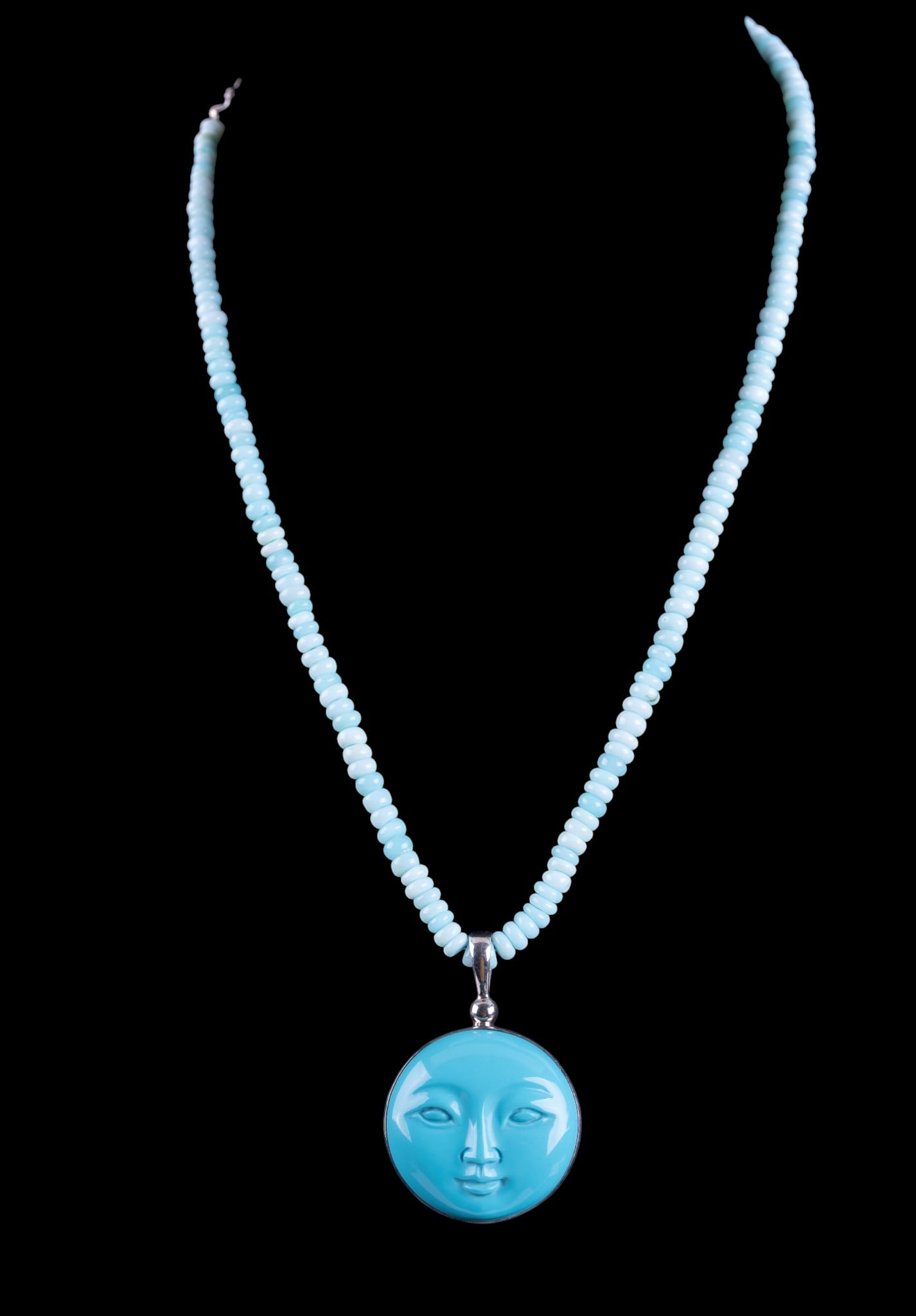 Sajen Turquoise Moon Necklace: Sajen signed Larimar bead necklace with large turquoise and silver moon pendant.