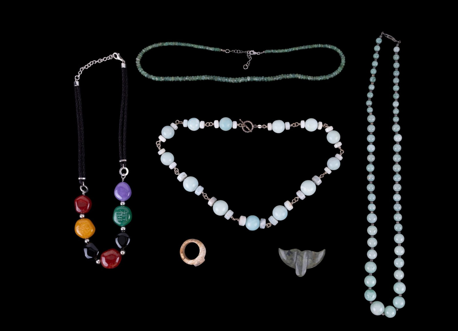 Jade, Silver and Stone Jewelry: Jade and jade-style necklaces with sterling silver closures/clasps. Also, a stone ring.