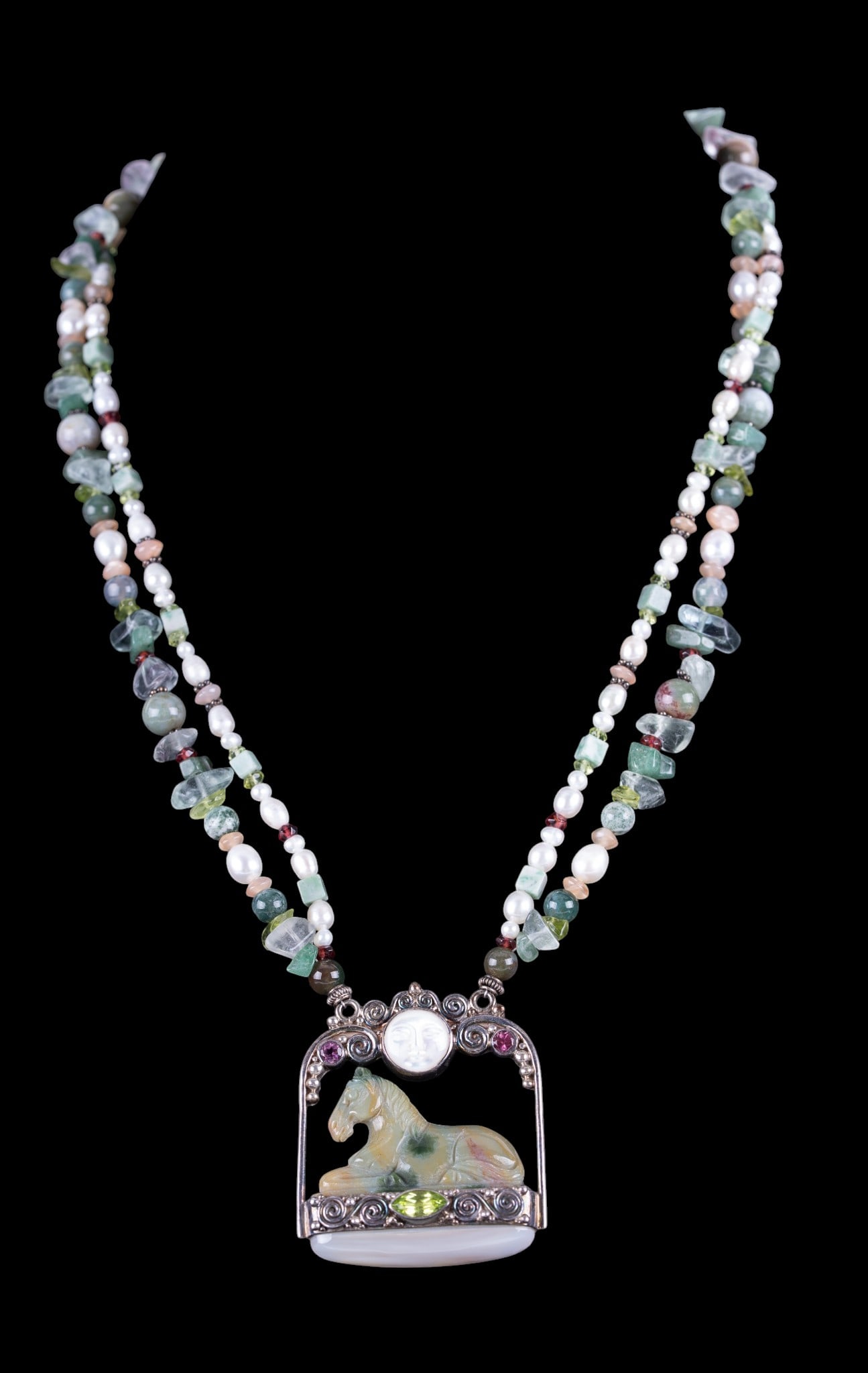 Sajen Sterling Gemstone Horse Necklace: Multi-pearl and gemstone necklace with large sterling silver signed Sajen, horse pendant of carved seaweed agate and a peridot accent stone.