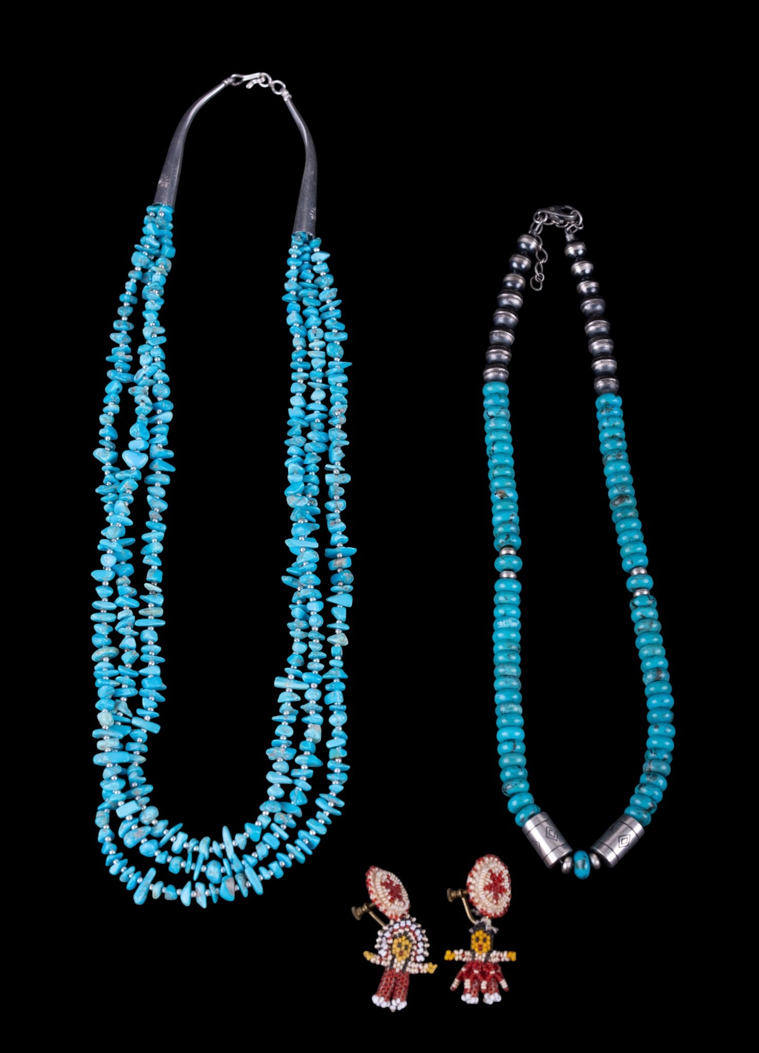 Turquoise Necklace w/ Native Style Earrings: Turquoise and sterling silver necklace. Pair of handmade beaded screw back Native American Indian style earrings.