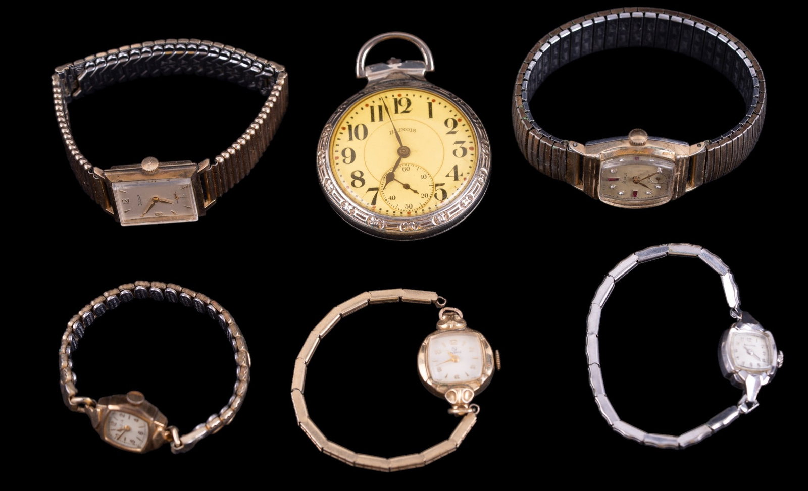 Pocket Watch and Vintage Watches: Gold-filled antique Illinois aristocrat pocketwatch (movement number 3985345, 17 jewels), Bulova M1 dated vintage wristwatch, Benrus, Helbros and two vintage ladies Bulovas.