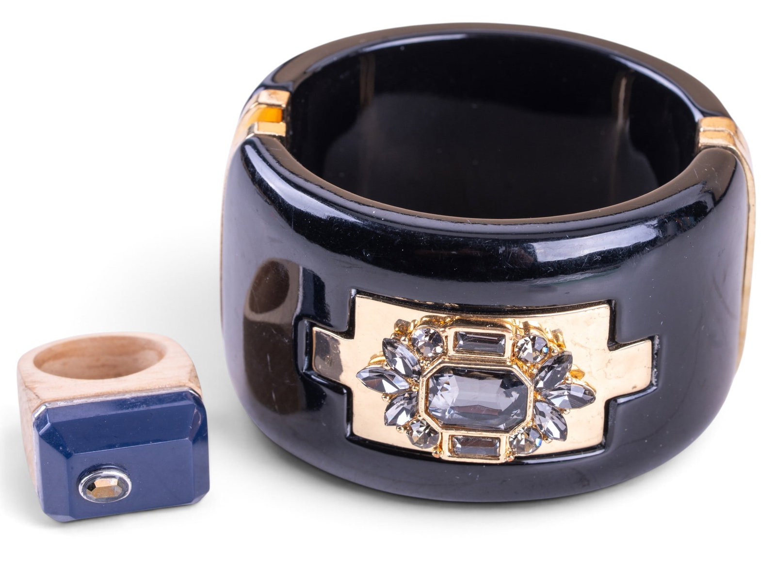Wide Bangle and Ring: Large plastic designer style cuff bracelet and statement wooden ring.