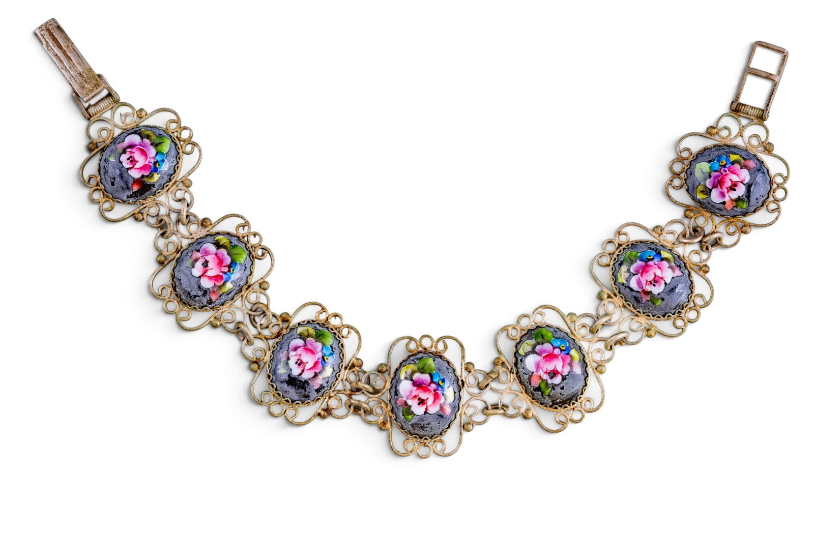 Enamel Bracelet and Earrings: Vintage floral enamel bracelet and earrings in filigree settings.