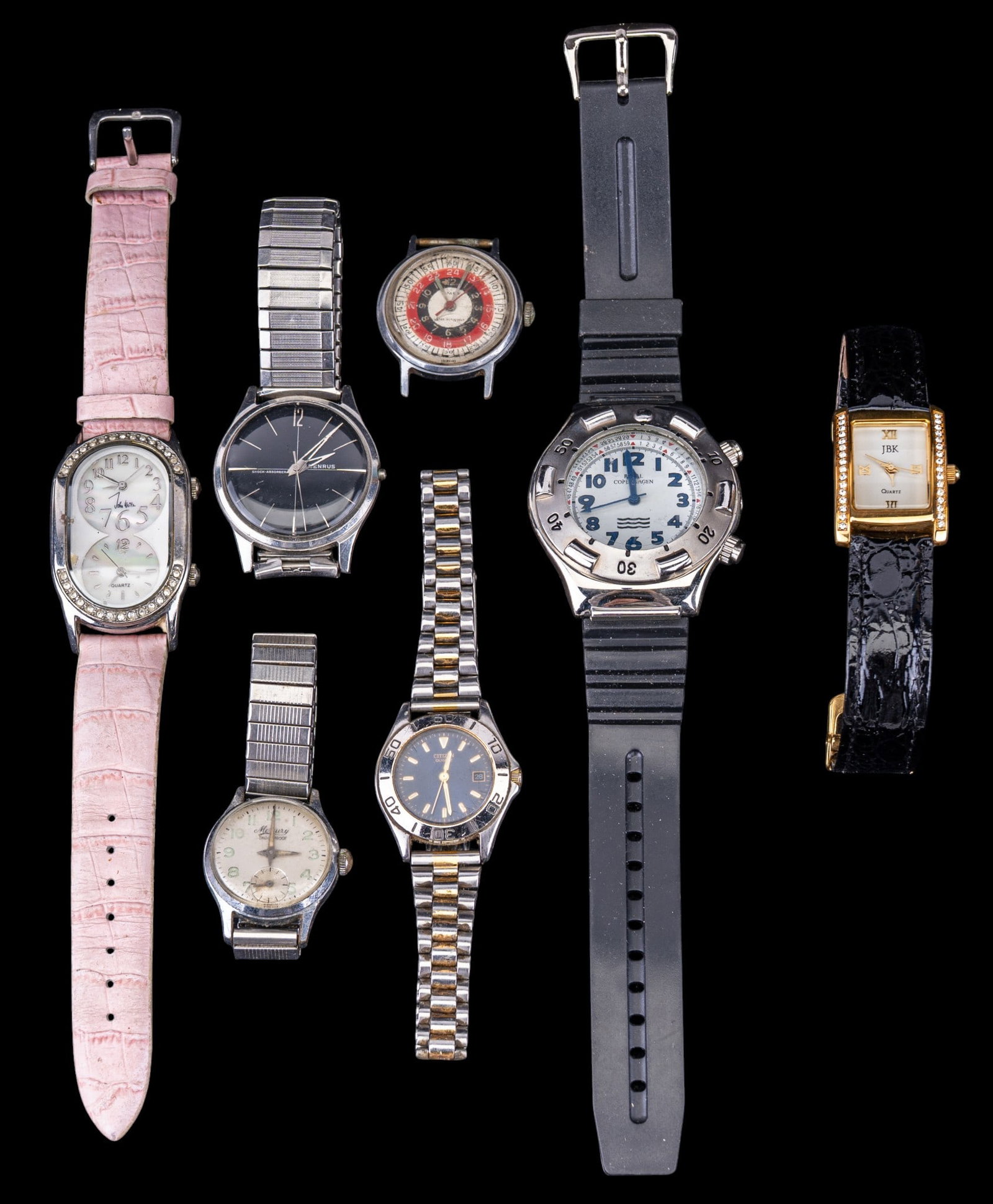 J.B.K., Benrus and Vintage Watches: Circa 1960's Benrus watch with black dial, J.B.K. watch, vintage Mercury watch, Royal Copenhagen, an early Timex with red/black dial as well as a Citizen.