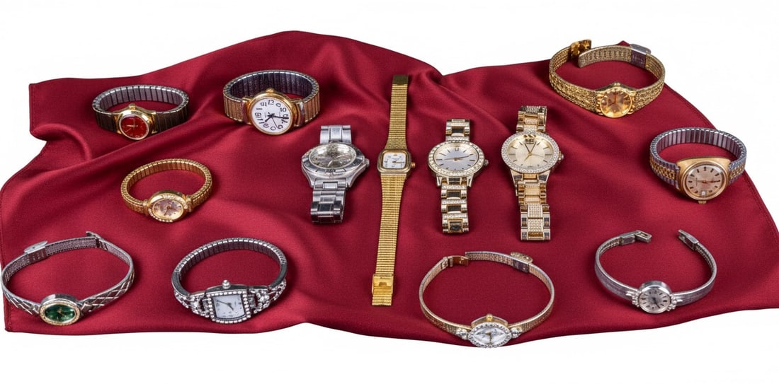 Hamilton and Other Wristwatches: Hamilton stainless ladies watch with diamond chips, Helbros, several Timex, and more.