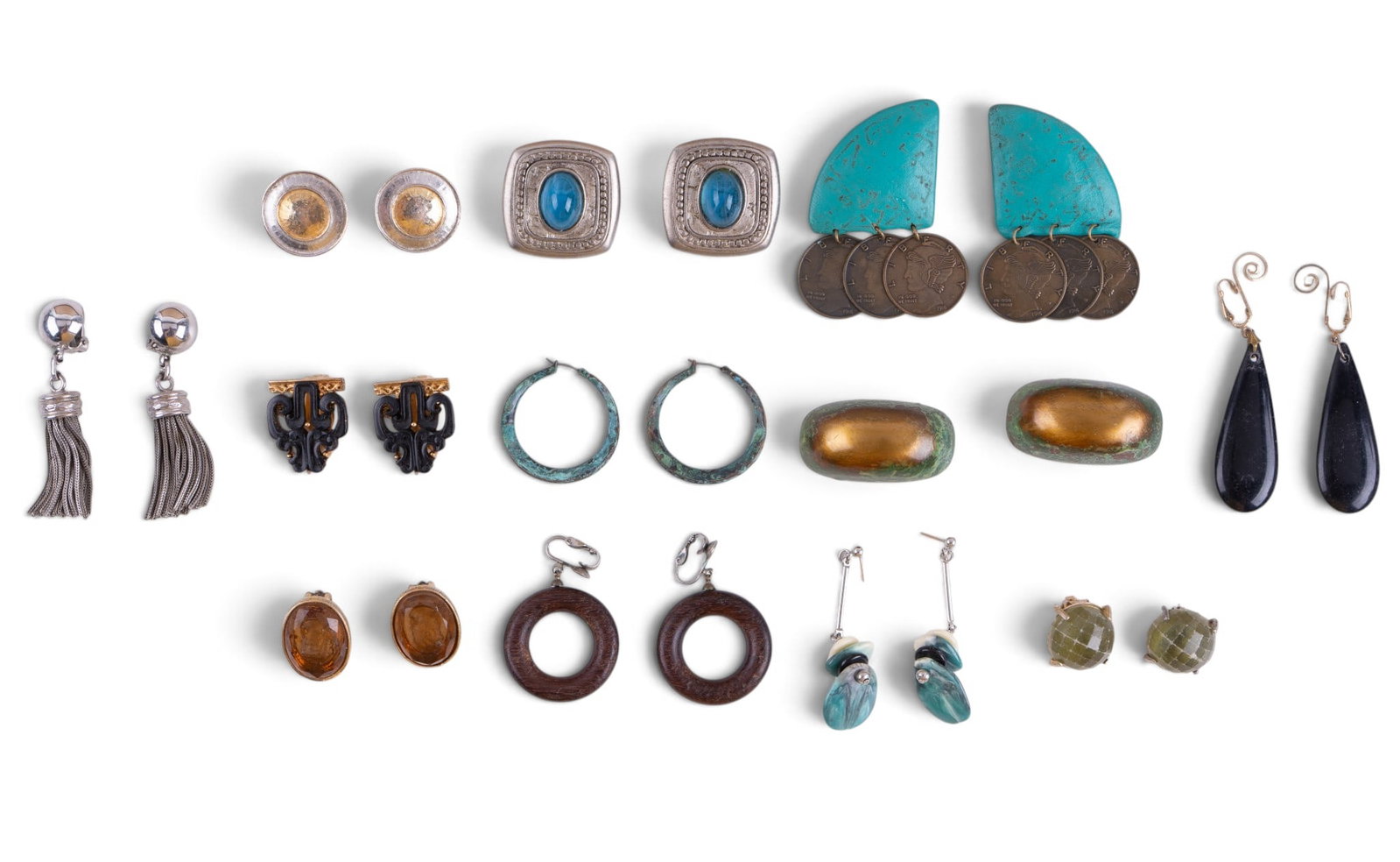 Vintage and 90's Style Clip Earrings: Signed Robert Rose, Barclay, and a large pair of coin style and leather earrings, and more.
