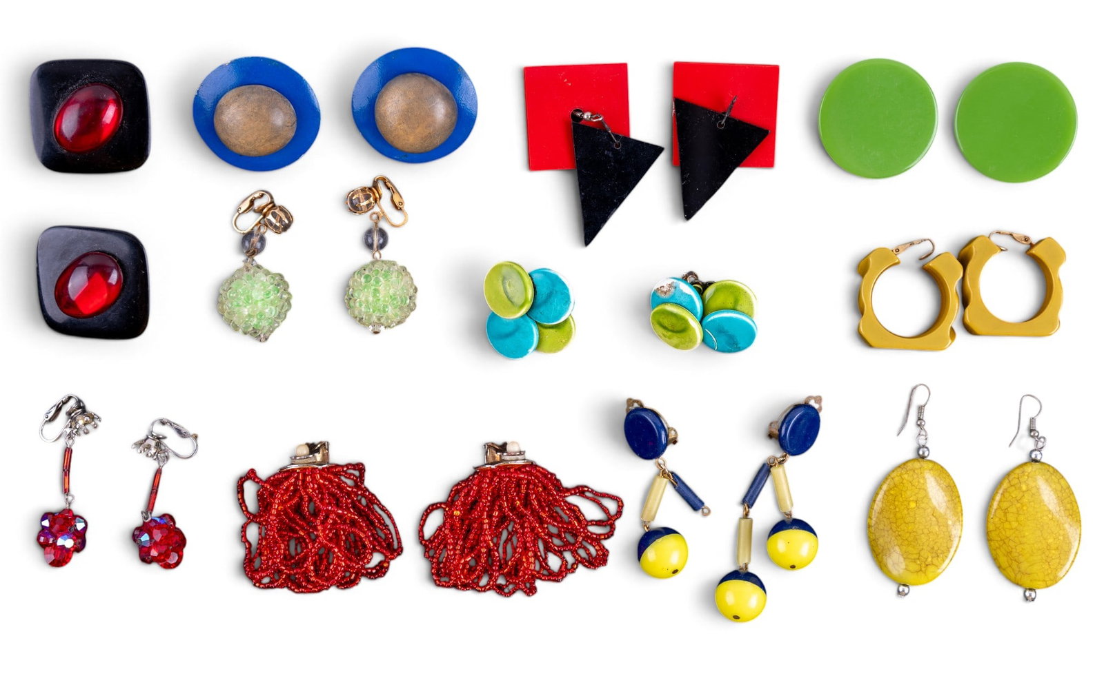 Bakelite and Vintage Earrings: Yellow "square" Bakelite clip earrings, red bead, crystal, and 60's & 70's style earring collection.