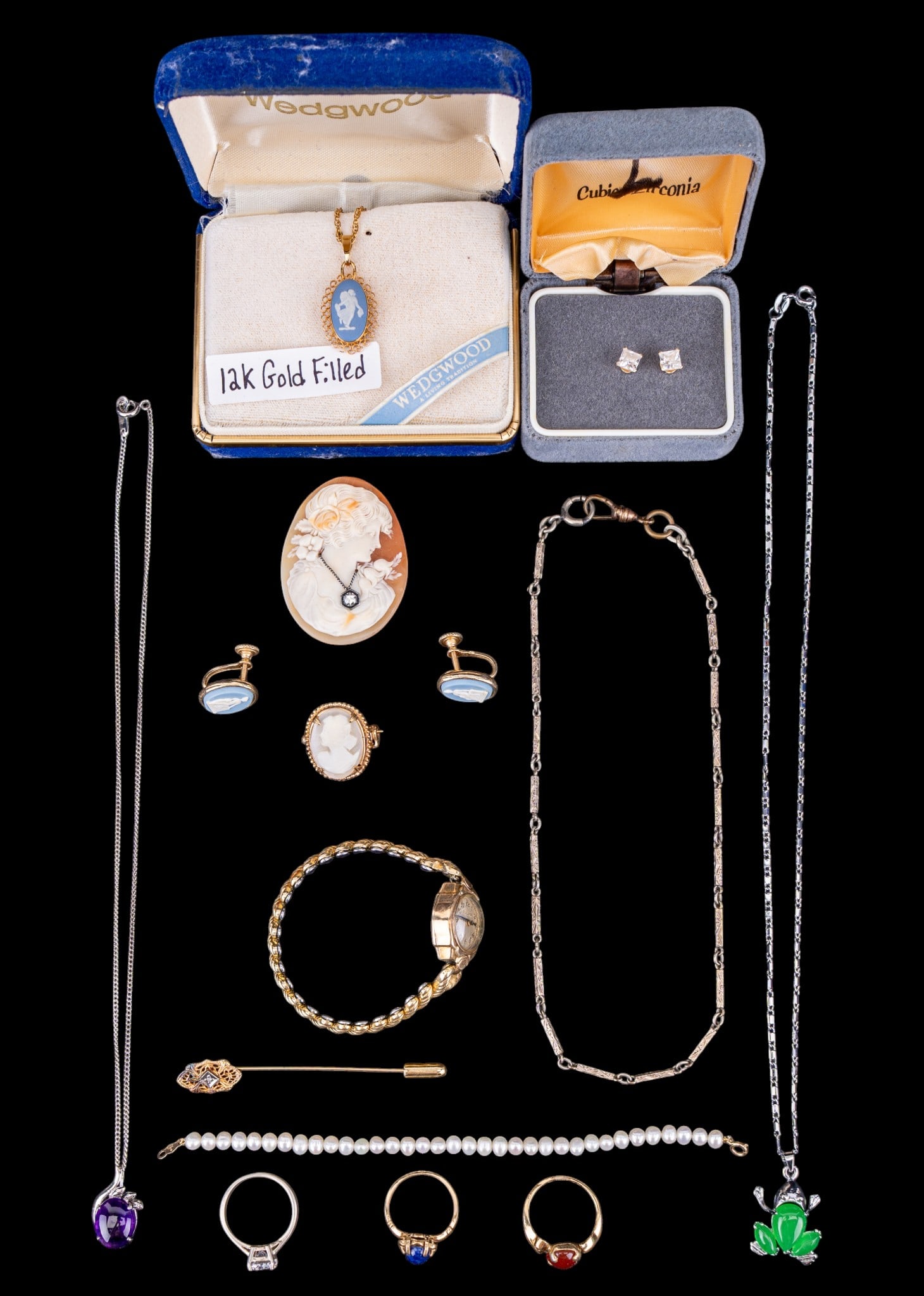 Bulova, Gold Filled, Sterling, & Wedgwood Jewelry: A collection of jewelry including a 12K GF Wedgwood Jasperware pendant with original case, Victorian 10K GF carnelian cabochon ring, a carved cameo withrhinestone necklace, a cultured pearl bracelet w