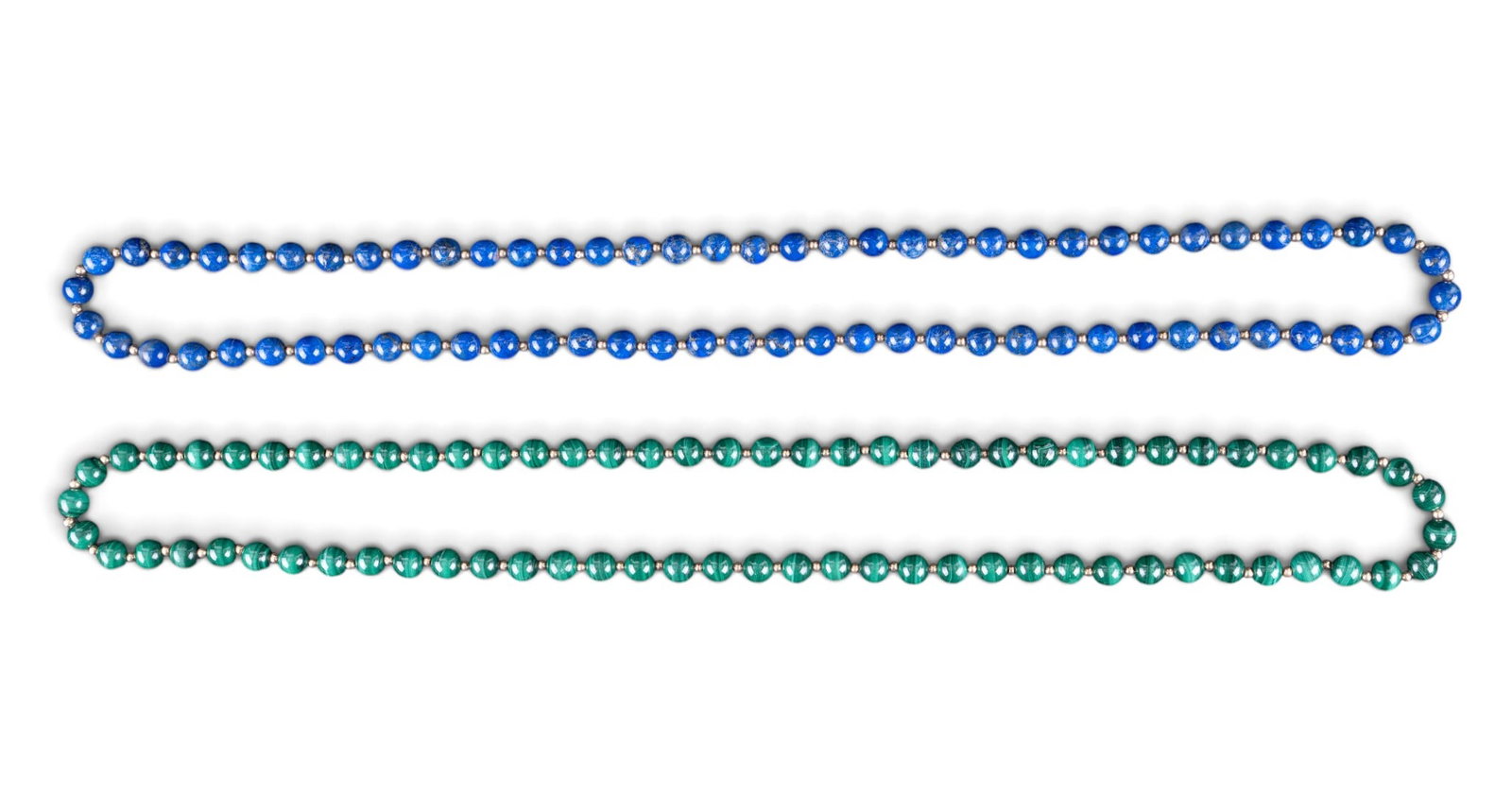 Lapis Lazuli, Malachite, and 14K Gold Necklaces: A spherical malachite bead necklace and a spherical lapis lazuli bead necklace, both with 14K gold spacer beads, both measure approx. 14" on the drop.