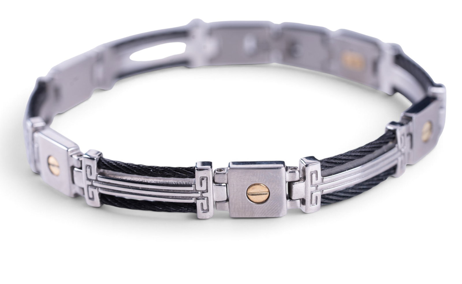 Stainless Steel and 14K Cable Link Bracelet: A men's stainless steel cable link bracelet featuring 14K gold flat head screw panels.