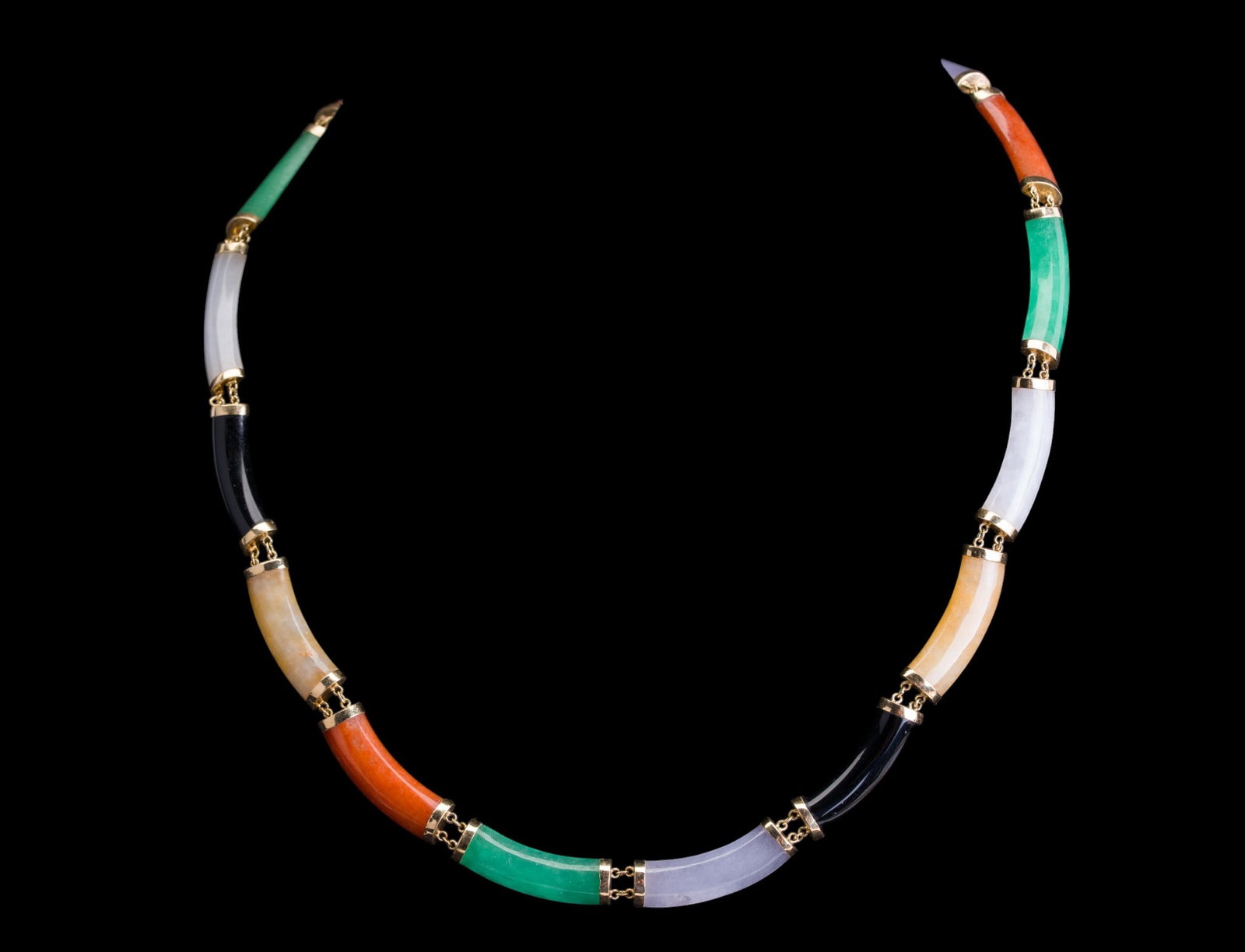 14K Gold Chinese Multi Color Jade Necklace: Chinese vintage multi color jade necklace in 14K gold, pinch and slide clasp with safety latch, approx 16.5" L with 16 jade "beads". Note - NEW BUYERS of precious metals or high dollar value MAY NOT