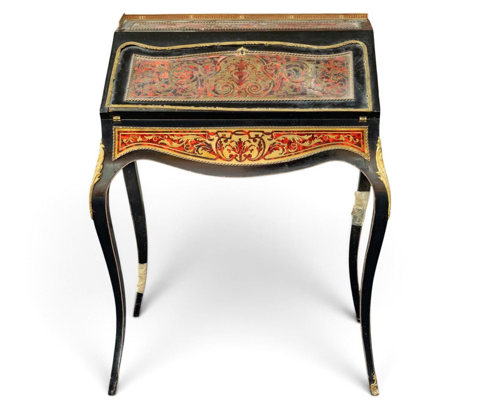 Antique 19C Boule Ladies Drop-Front Desk: Antique 19th century French Boule ladies sloping drop-front desk with red and gilt shell inlay. One leg is currently detached. Measures approx. 36" H x 26" W x 17" D. Condition is as seen in photos.
