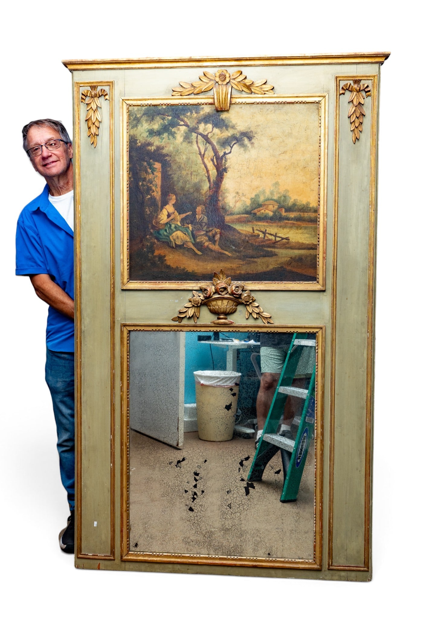 6' H French Painted and Giltwood Trumeau Mirror (1 of 9)