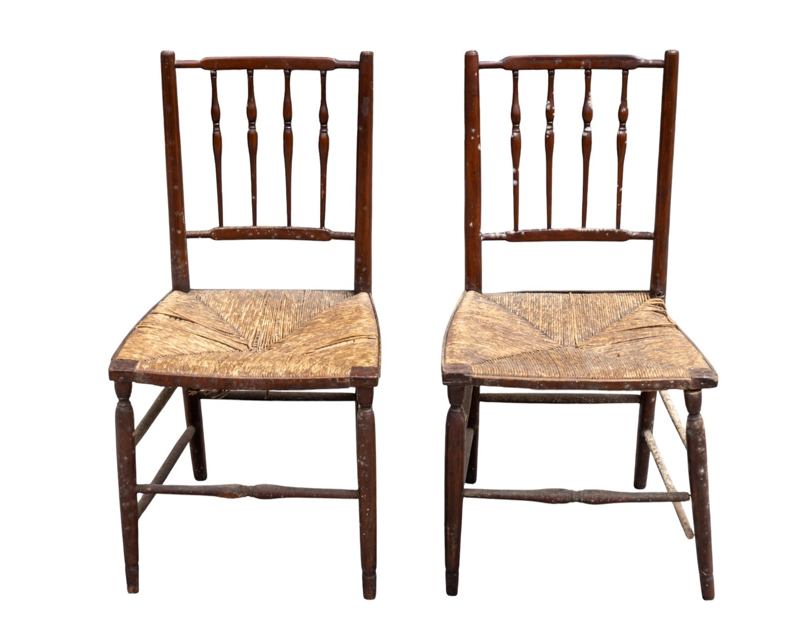 Pair Antique 19th C Spindle Back Rush Seat Chairs (1 of 7)
