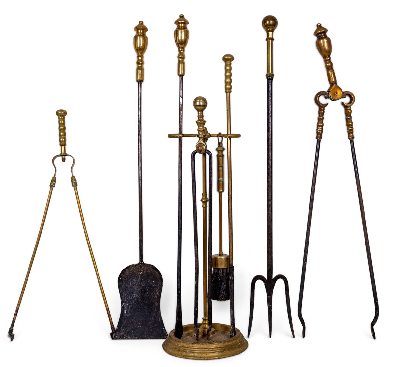 Brass Fireplace Tool Set w/ Pedestal Hanging Rack (1 of 11)