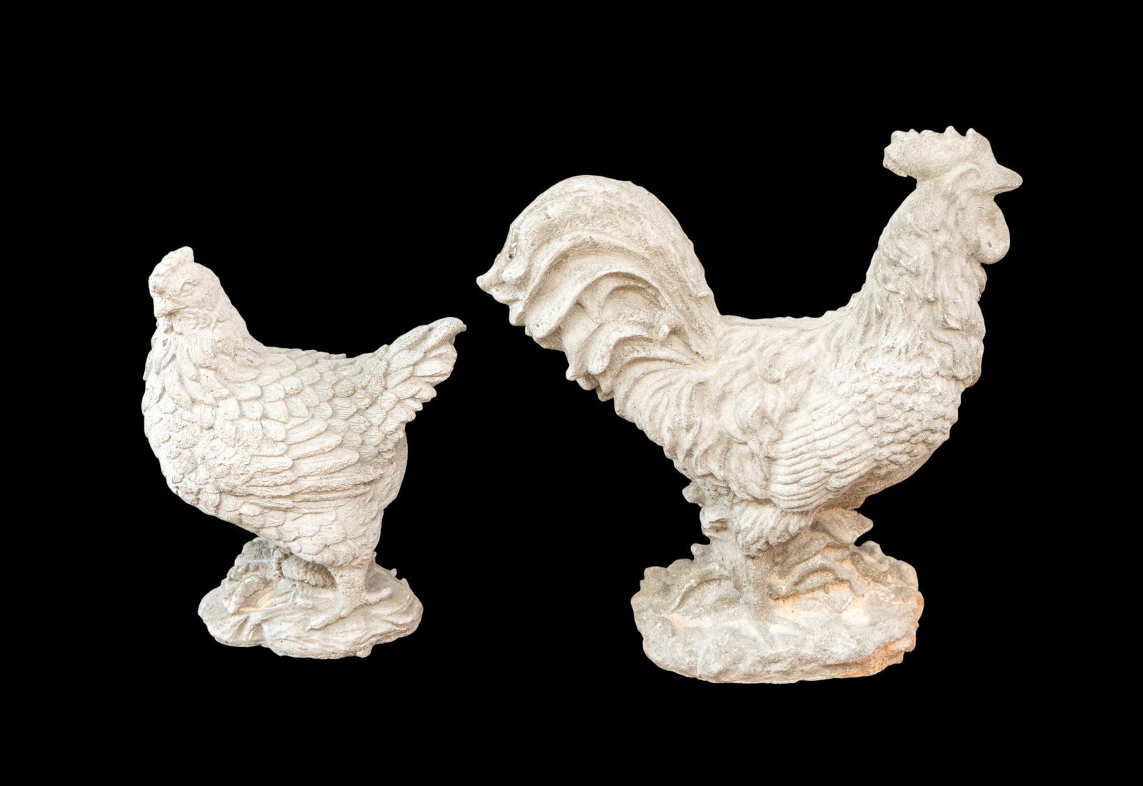 Concrete Rooster and Hen Sculpture Pair: Decorative concrete garden sculpture pair depicting a rooster and hen. The pair features one male and one female bird, each rendered in molded concrete with textured detailing. Sold as found, conditio