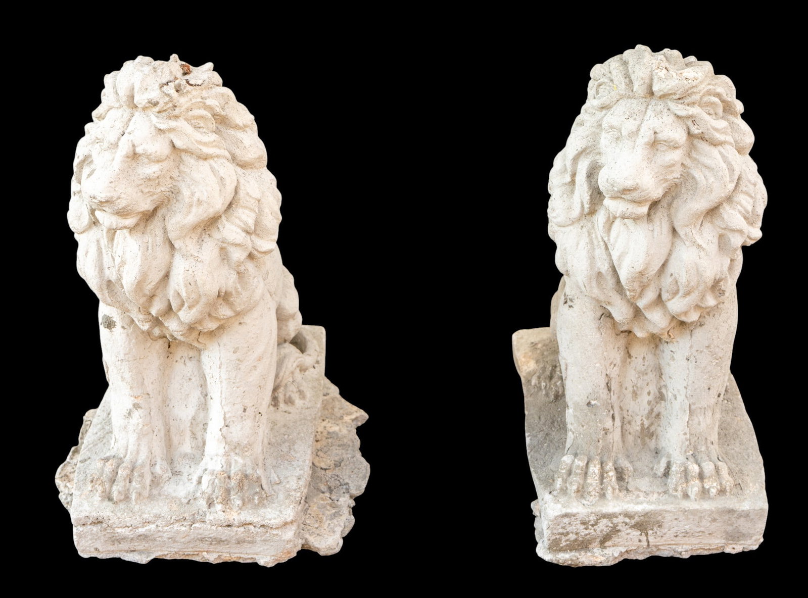 Pair of Concrete Lion Garden Accent Sculptures: Pair of cast concrete lion-form garden accent sculptures. Each depicting seated facing forward, set on rectangular base. Each measures approx. 23" H x 10" W x 16" D. Some restorations present, sold