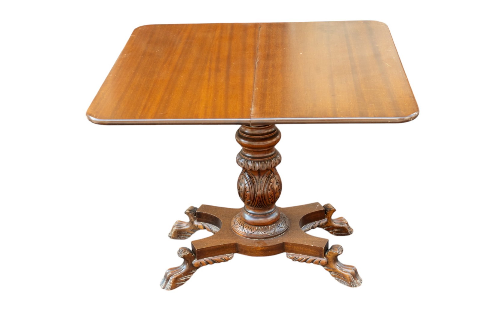 Federal Carved Mahogany Folding Card Table: Federal carved mahogany card table with foldable top, terminating in claw feet. Measures approx. 36" W x 36" D x 28.5" H (with table open).