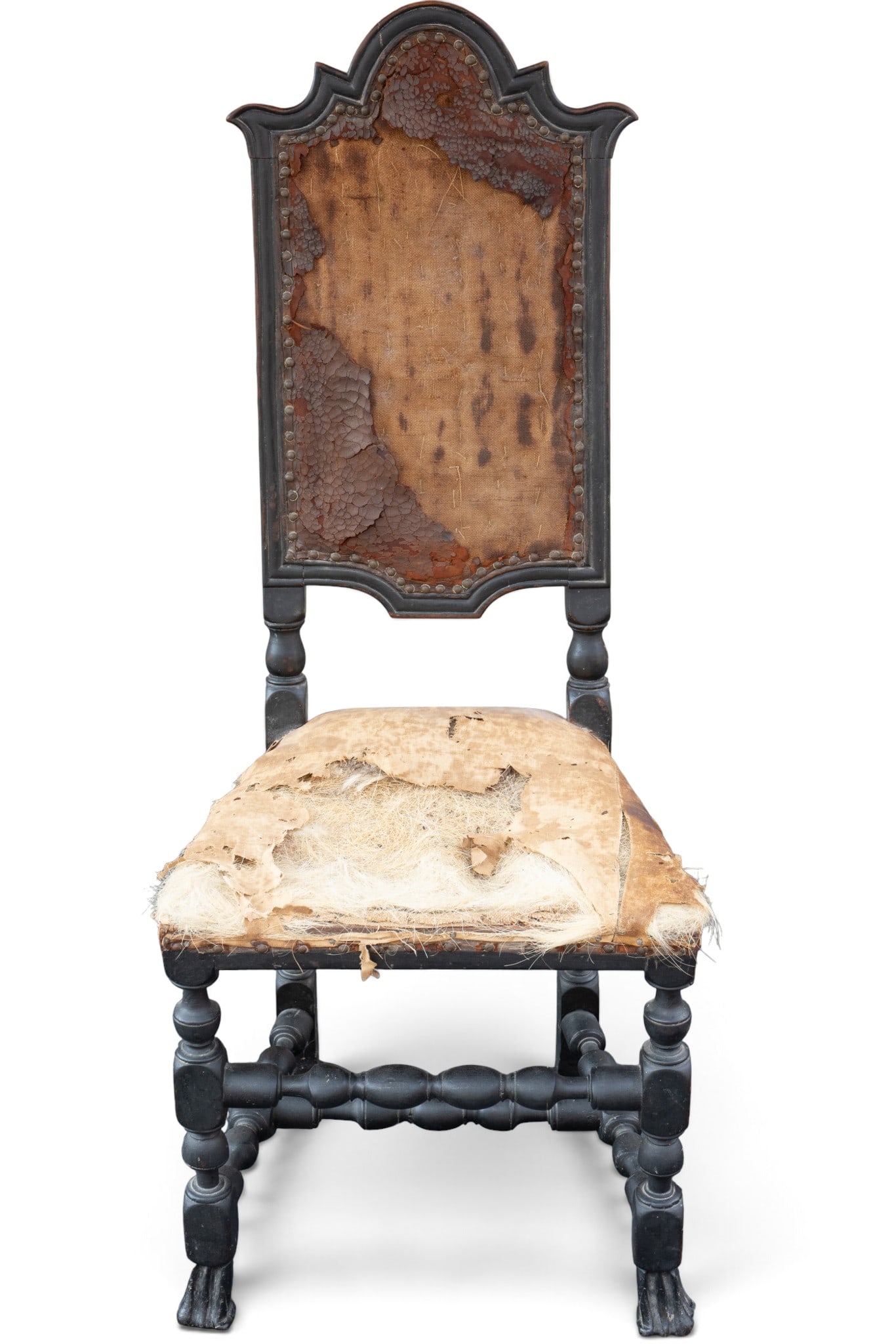 18/19c Transitional Spanish Colonial Side Chair: 18/19th century Transitional, Spanish Colonial side chair with good early surface. Earling turnings, and wooden peg construction. In need of reupholstering. Measures approx. 46.75" W x 18.5" Sh x