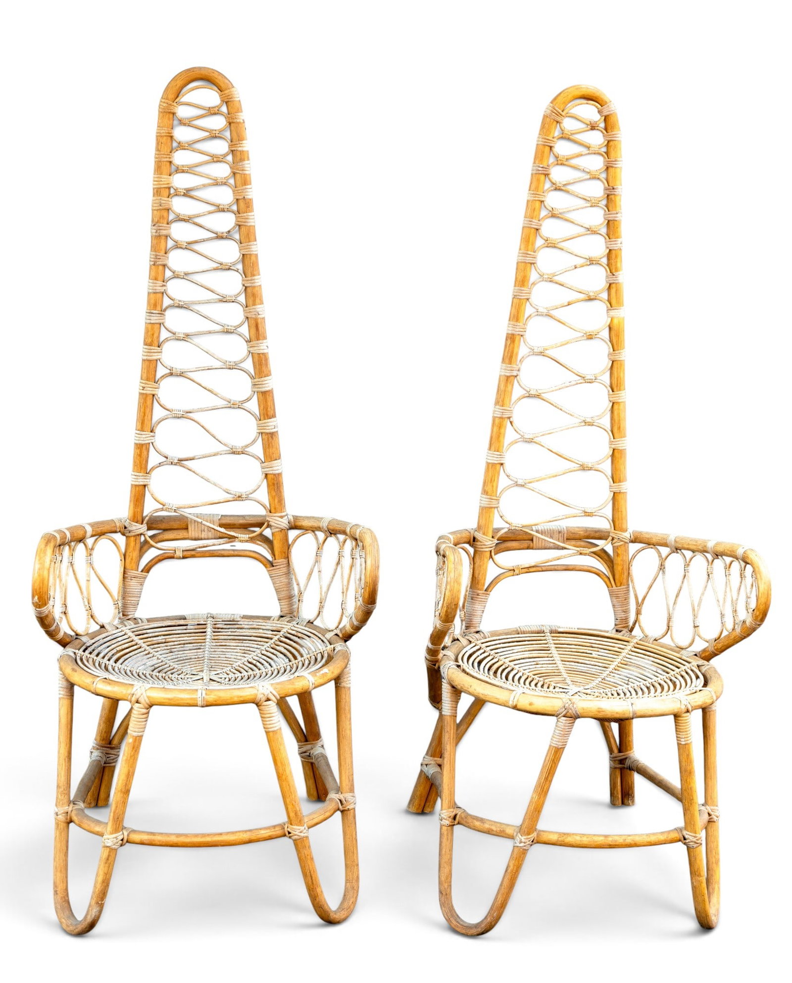 Italian Highback Rattan & Bamboo Accent Chairs: Mid-century Italian high-back rattan and bamboo accent side chairs. Attributed to Bonacina. Each measures approx. 23" W x 20" D x 55.5" H x 18" SH.