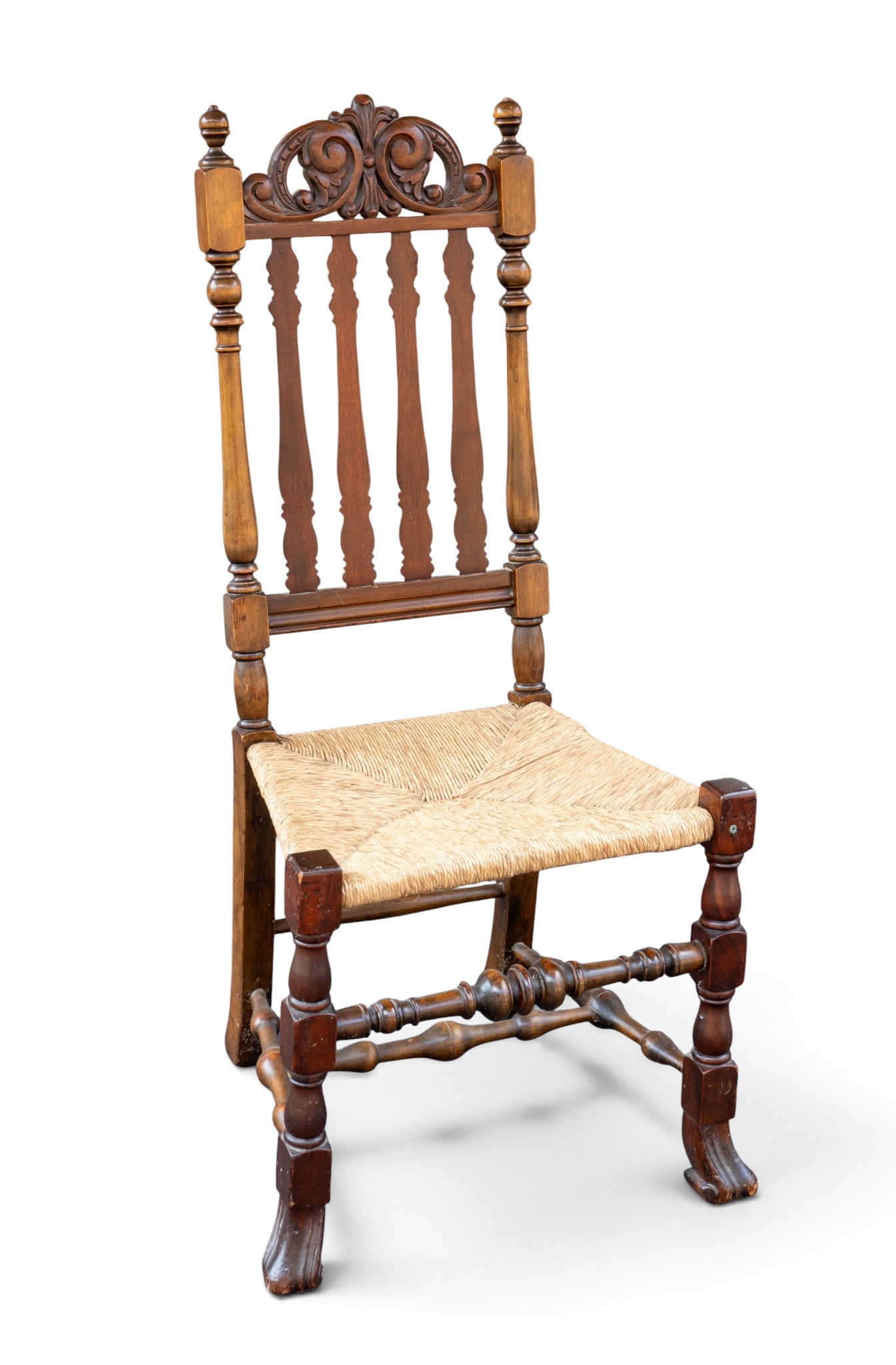 Antique-Style Spanish Side Chair: Antique-style Spanish side chair with woven seat. Joints slightly loose. Measures approx. 44.5" H x 19.5" SH x 20" W x 16.5" D. Came from fine estate located in Chestnut Hill, Philadelphia.