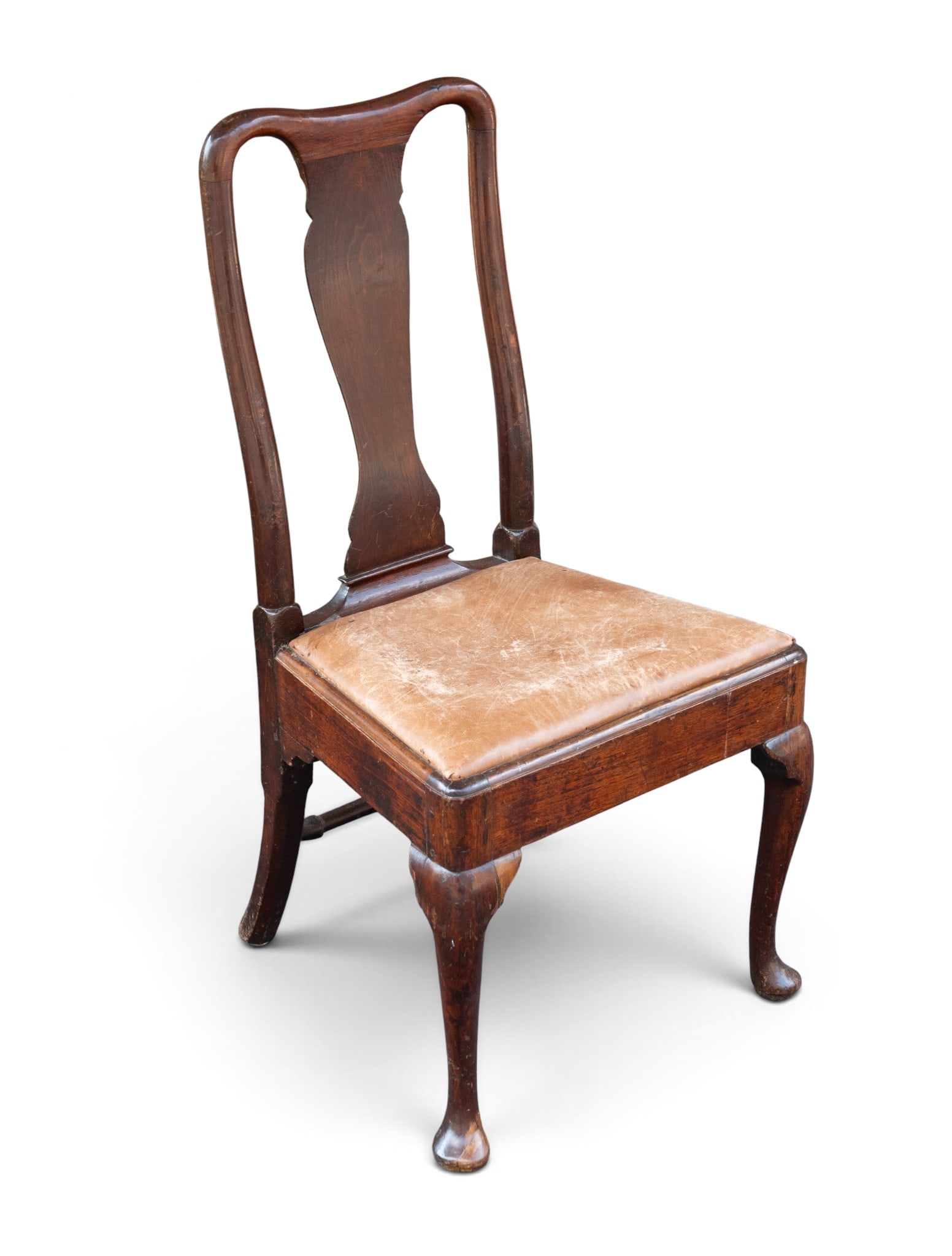 Queen Anne Period Side Chair: Queen Anne period side chair with cabriole legs on pad feet. Restorations present including one right back leg. Measures approx. 39" H x 18" SH x 20" W x 16.5" D.