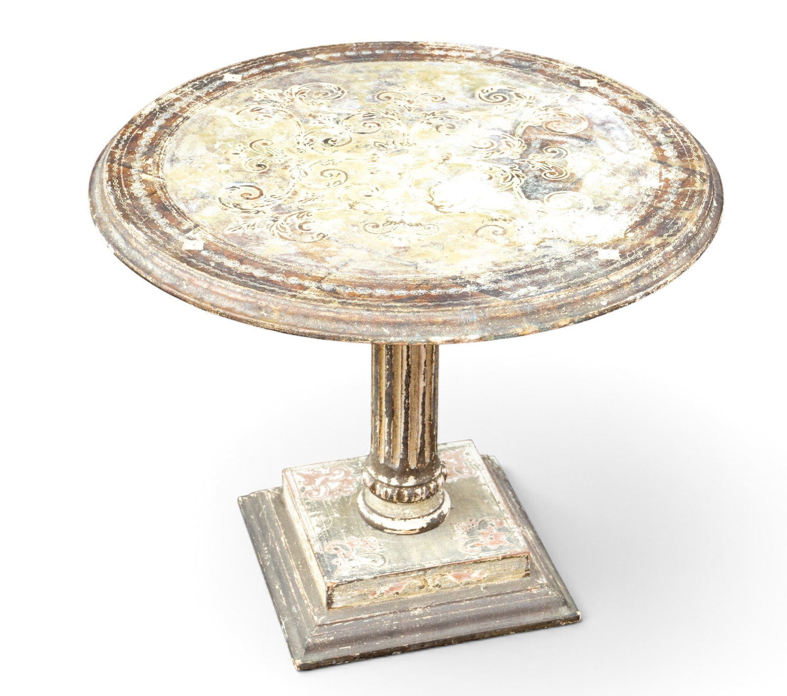 Painted Italian Occasional Pedestal Table: Painted Italian occasional table with column-style pedestal base. Measures approx. 19" H x 23" Diameter.
