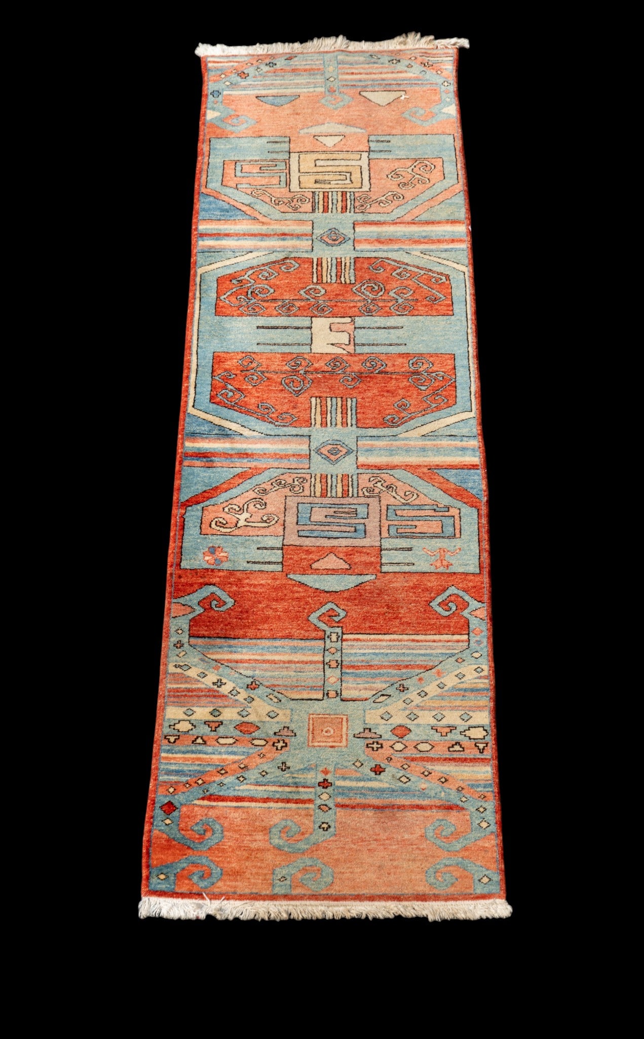 Turkish Geometric Runner Rug ~7.75' L: Turkish runner hall rug with geometric motifs and orange and teal / blue colors. Measures approx. 2'2" x 7'9".