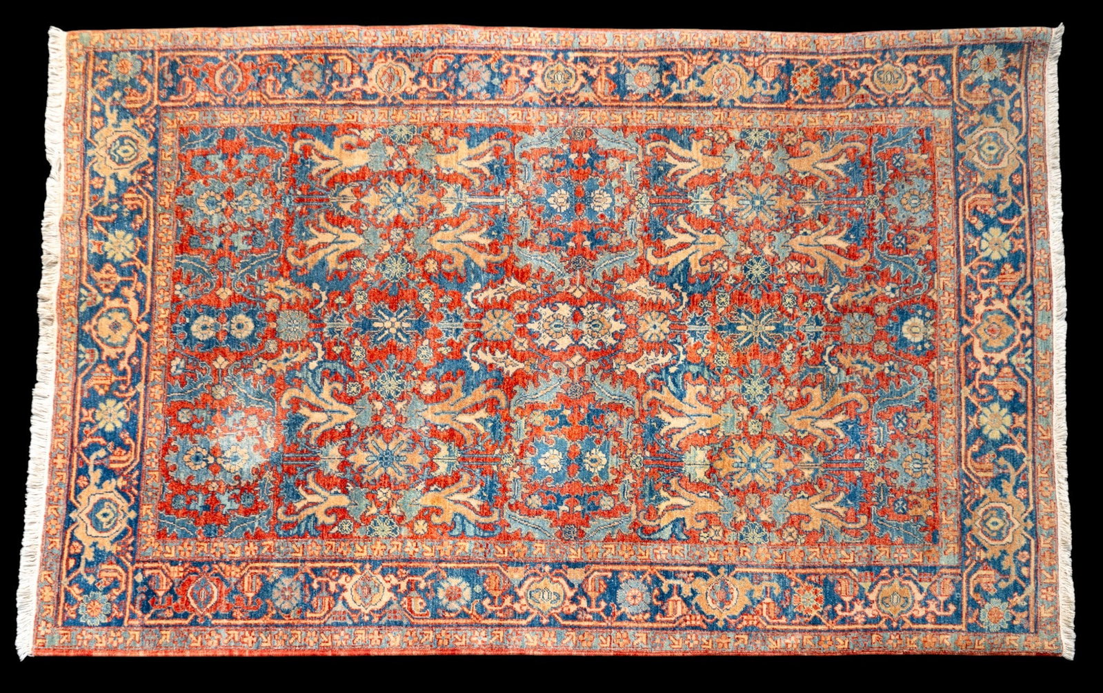 Hand-Knotted Persian Area Rug ~5' x 7': Hand-knotted Persian area rug measuring approx. 4'11" x 6'10". Red field with blue and tan / peach color highlights. Floral pattern.