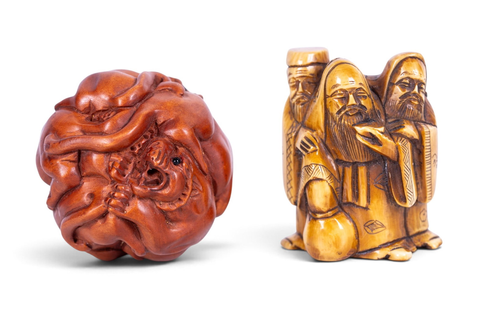 Two Carved Netsuke, Figural + Animal (1 of 6)