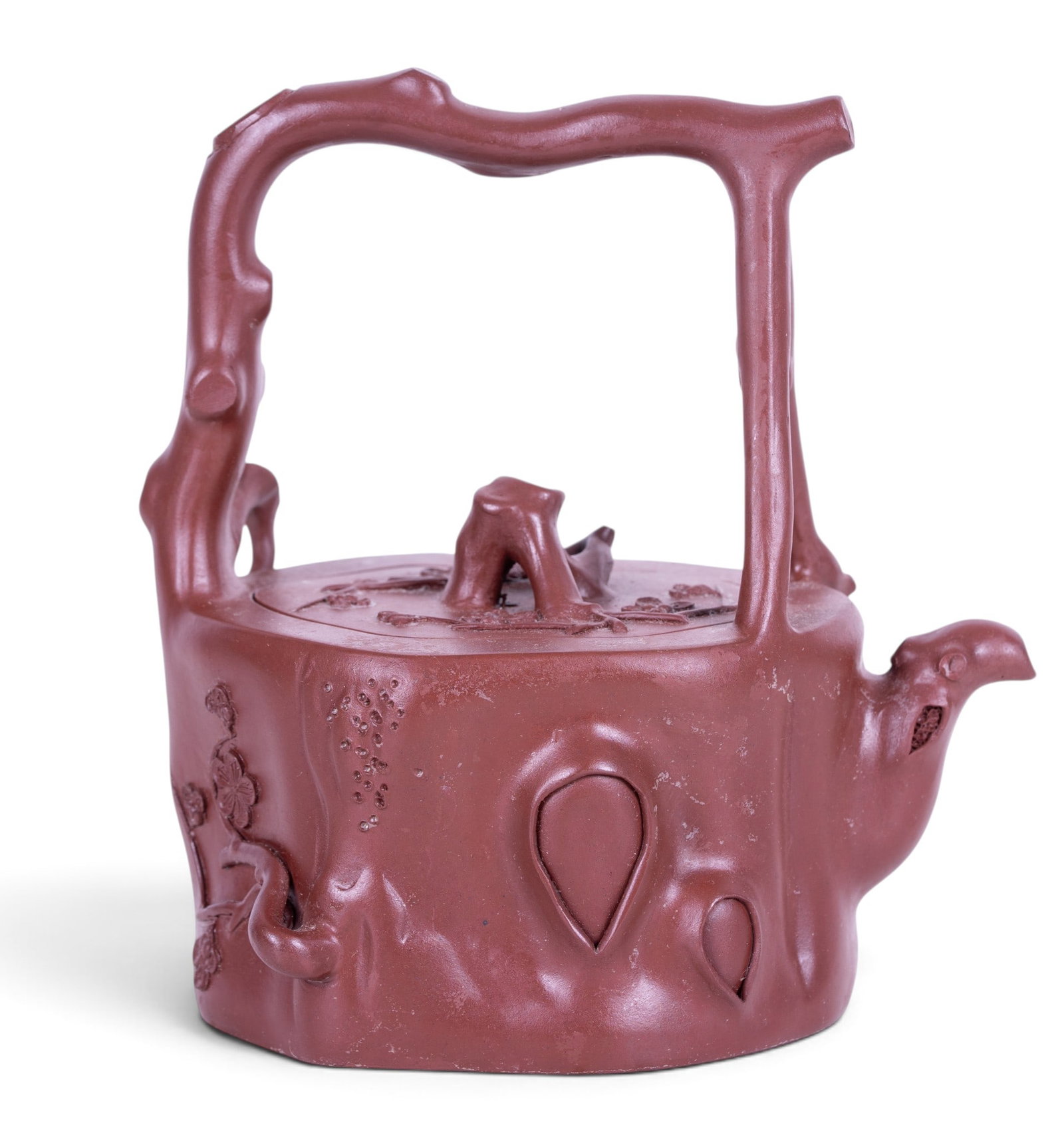 Chinese Yixing Clay Teapot: Chinese Yixing clay teapot with fitted lid, handle and spout. Bearing impressed maker's mark to underside. Measures approx. 6.25" H x 6" W.