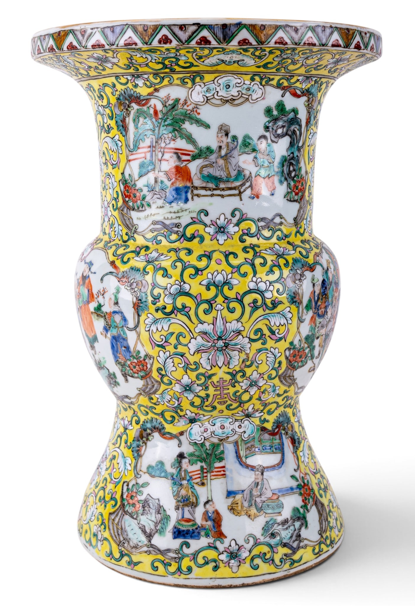 19th Century Chinese Famille Jaune Vase: Large 19th century Chinese porcelain vase of baluster form with flared mouth and spreading foot, decorated in the famille jaune palette. Features a yellow ground with scrolling floral and foliate moti