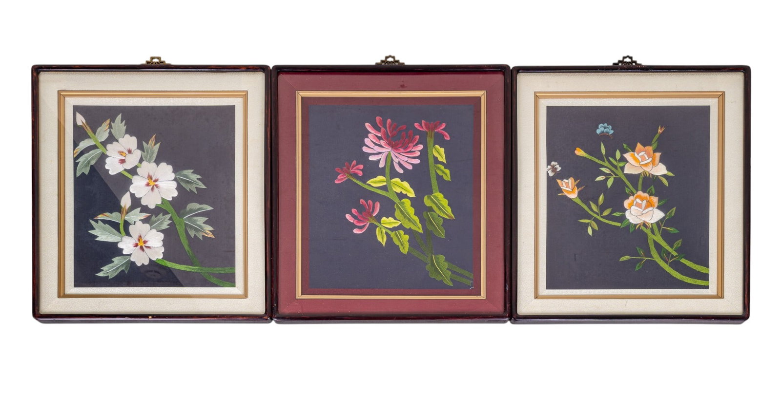 Chinese Silk Embroidery Panels: A set of three framed Chinese silk floral embroidery panels, all measure approx. 20" H x 17.75" W.