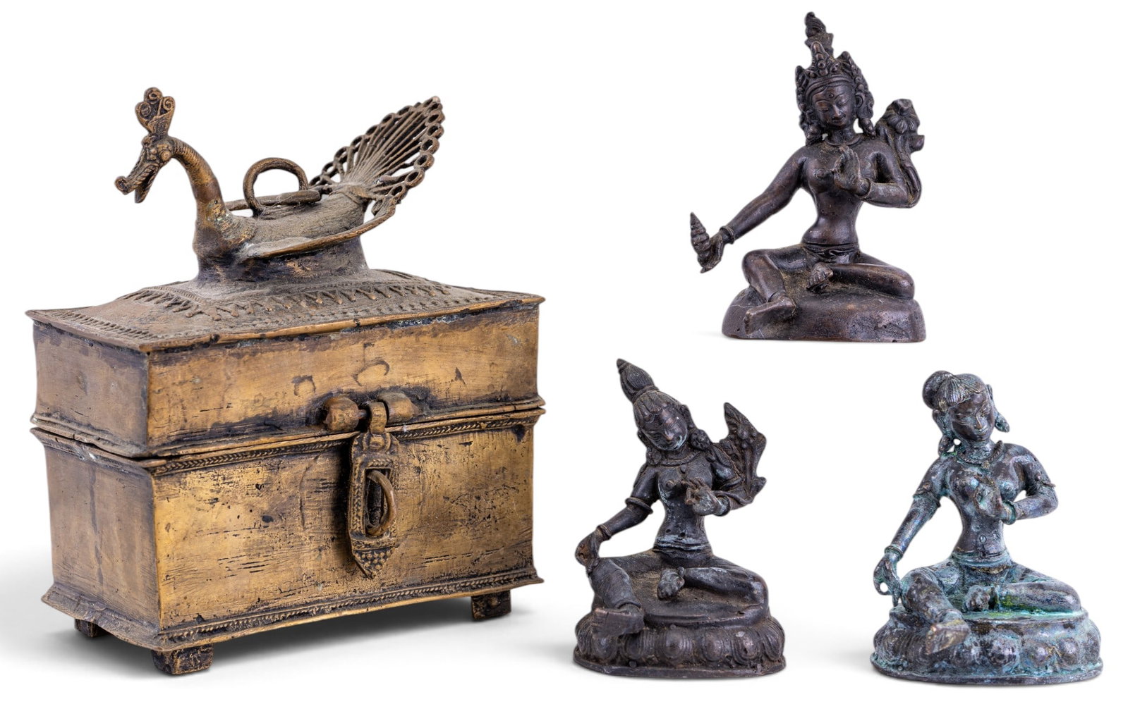 Brass Dhokra Box and Three Bronze Deities: A hinged brass Dhokra box with peacock decoration the lid, measures approx. 6" W x 4" D x 7.5" H, and three small bronze deity figures depicting Tara, Lakshmi, and Parvati, tallest measures approx. 4"
