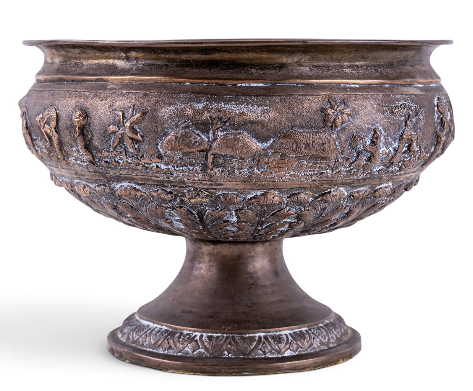 Asian Bronze Pedestal Bowl w/ Figural Relief: Antique repousse bronze pedestal centerpiece bowl or punch bowl. Features deeply embossed, continuous narrative scene. The wrap-around chased relief hammered design depicts figures, animals and buildi