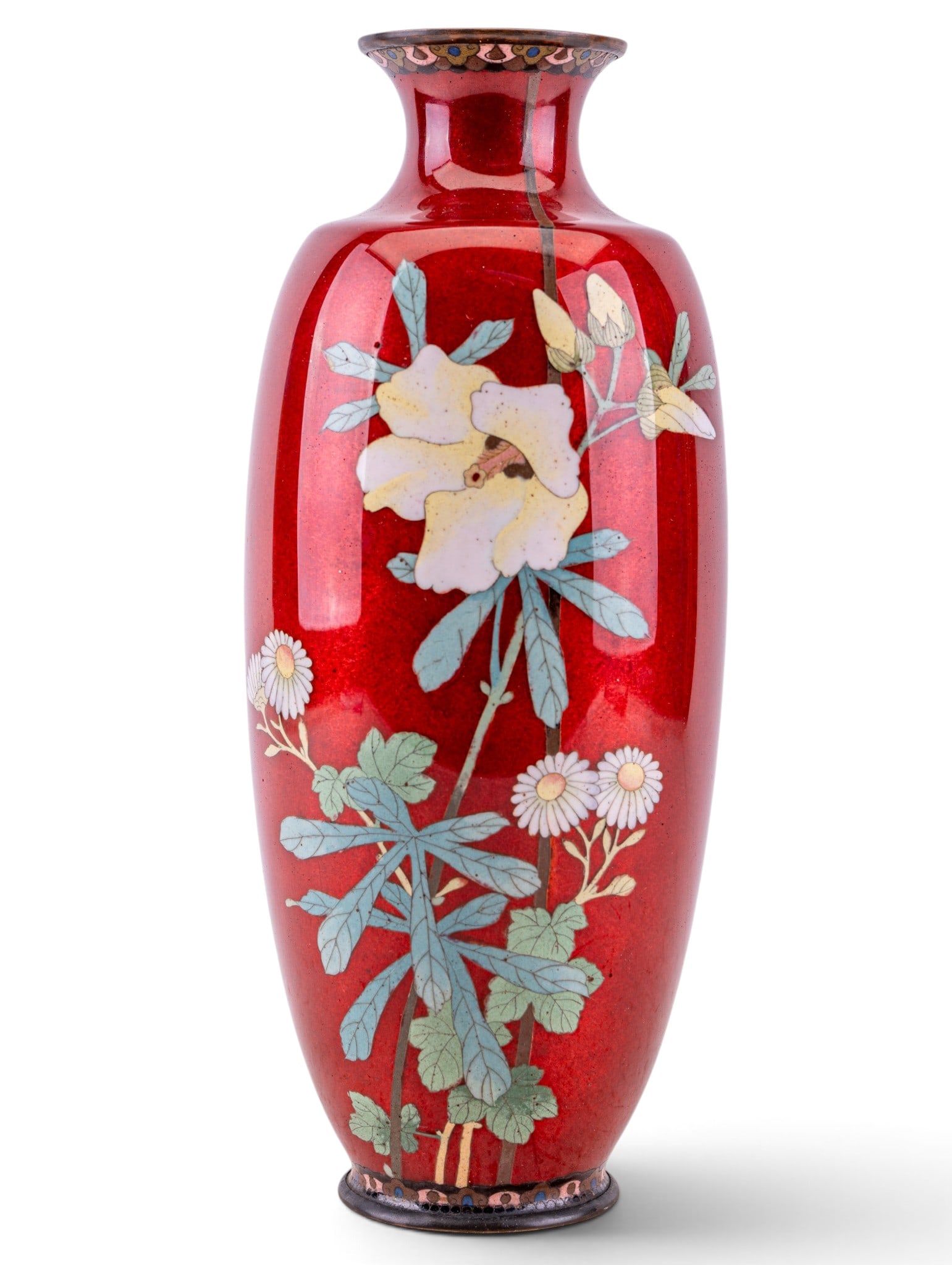 Japanese Red Metal Enameled "Pigeon Blood" Vase: Exquisite traditional Japanese cloisonne enamel vase. Vibrant, translucent akasuke ("pigeon blood") ruby-red enamel overlay, fired over highly detailed ginbari (sippled silver foil) background. This c